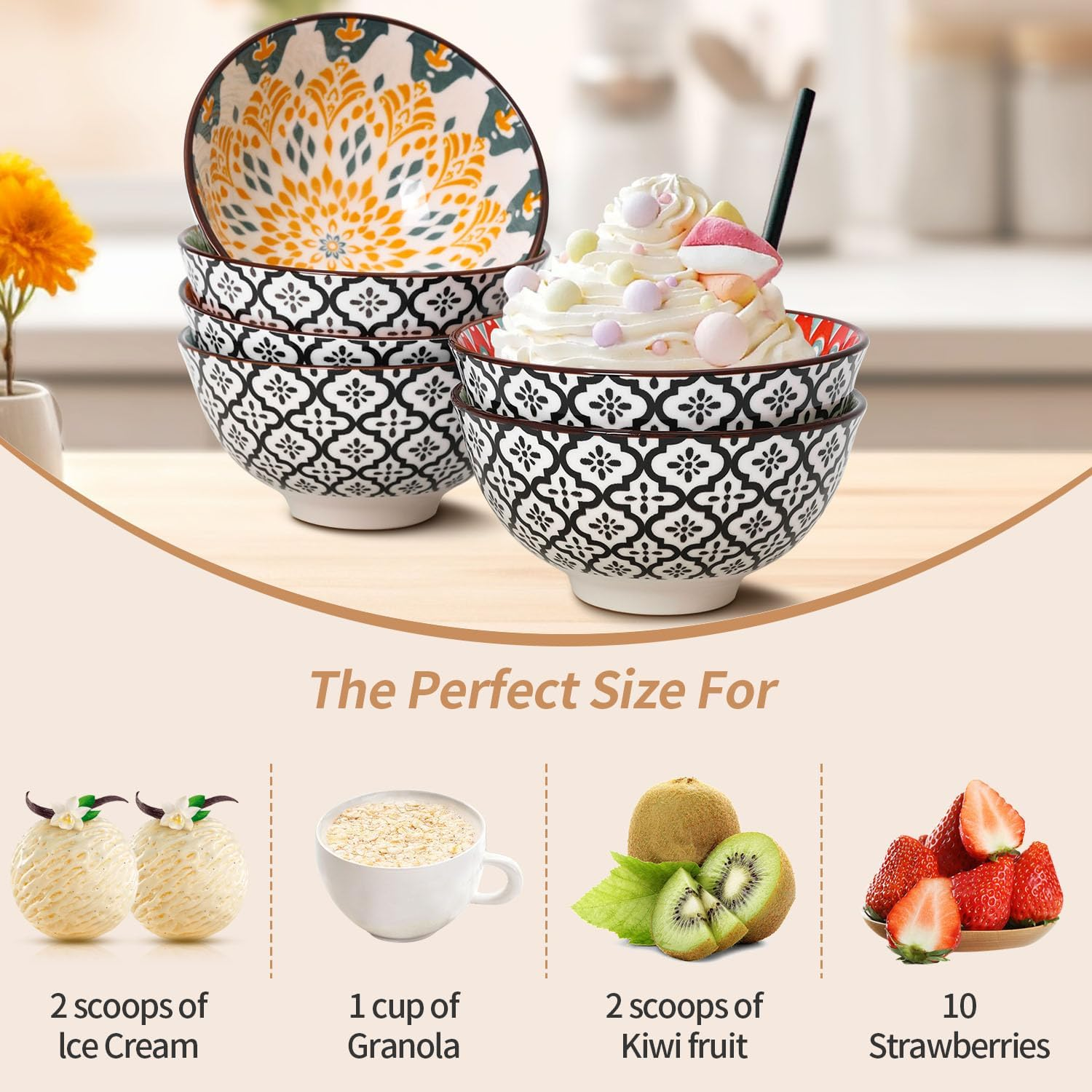 10 OZ Ceramic Bowls Set of 6, 4.5 Inch Cereal Bowl Soup Bowls Dipping Bowls for Salad Pasta Kitchen Multicolor image number 2