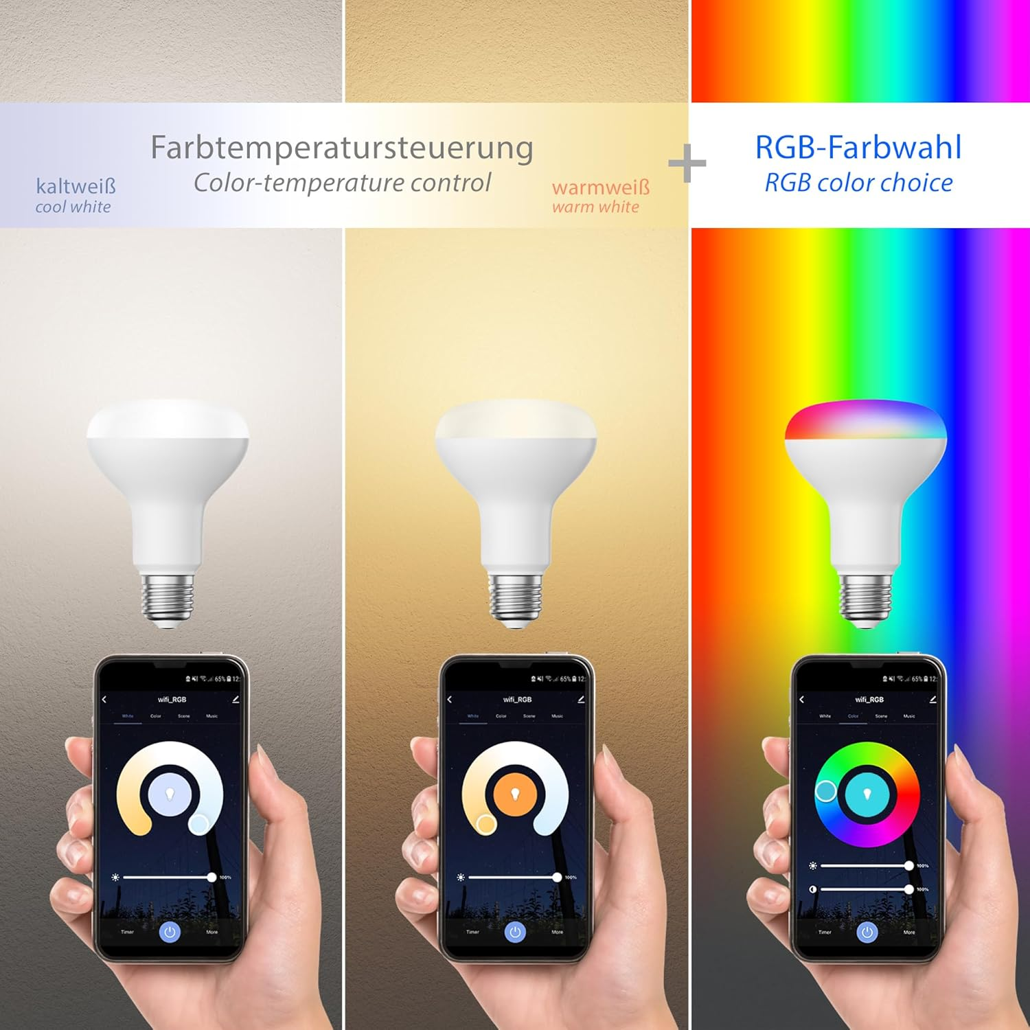 Ledscom.De E27 LED RGB Reflector, R80, Warm White - White (2700-6300K), 9.9W, 950Lm, Smart Home, Wifi, Alexa, Matte, Pack of 4 image number 5