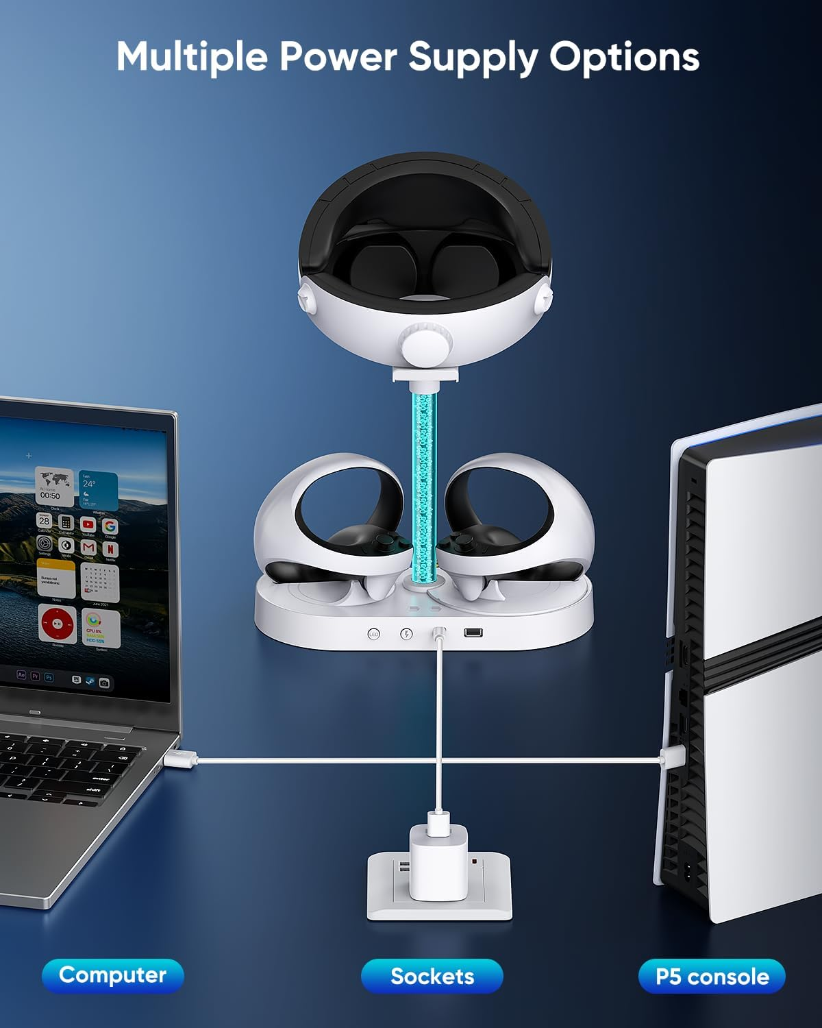 FASTSNAIL Charging Station Compatible with Playstation VR2 Controller, LED Stand for PS5 VR Headset & Sense Controller with 10 RGB Light, PS VR2 Game Accessories Storage Base image number 2