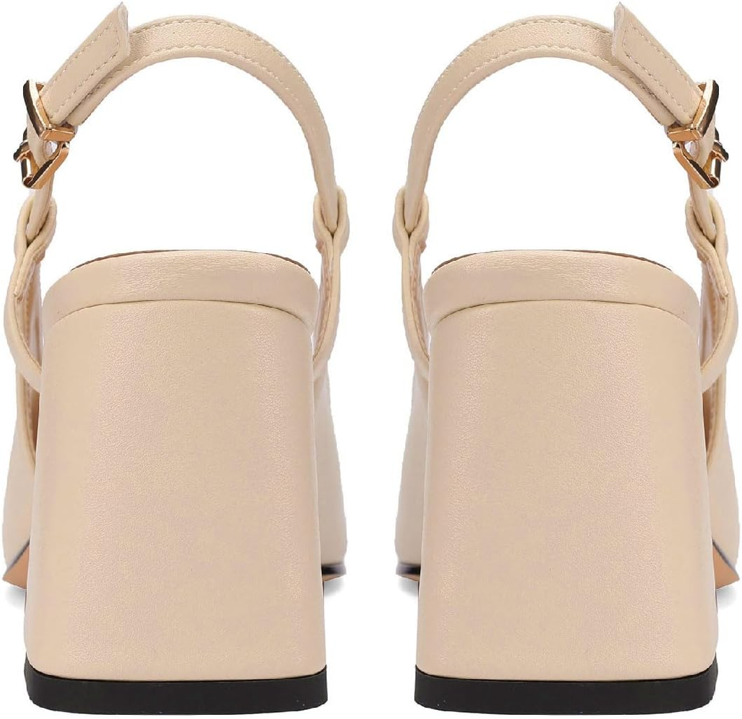 Women'S Fashion Square Closed Toe Slingback Pumps with Buckle Chic Gold Buckle Block Heel Slingback Shoes Work Date Dressy High Heel Slingbacks for Women