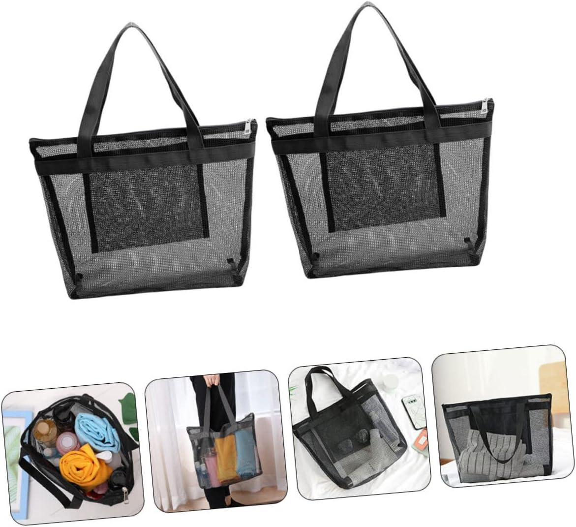 TOGEVAL 2Pcs Mesh Beach Tote Handbag Versatile Handheld Shopping Bag for Beach Essentials Swim Gear and Toiletries Lightweight Design