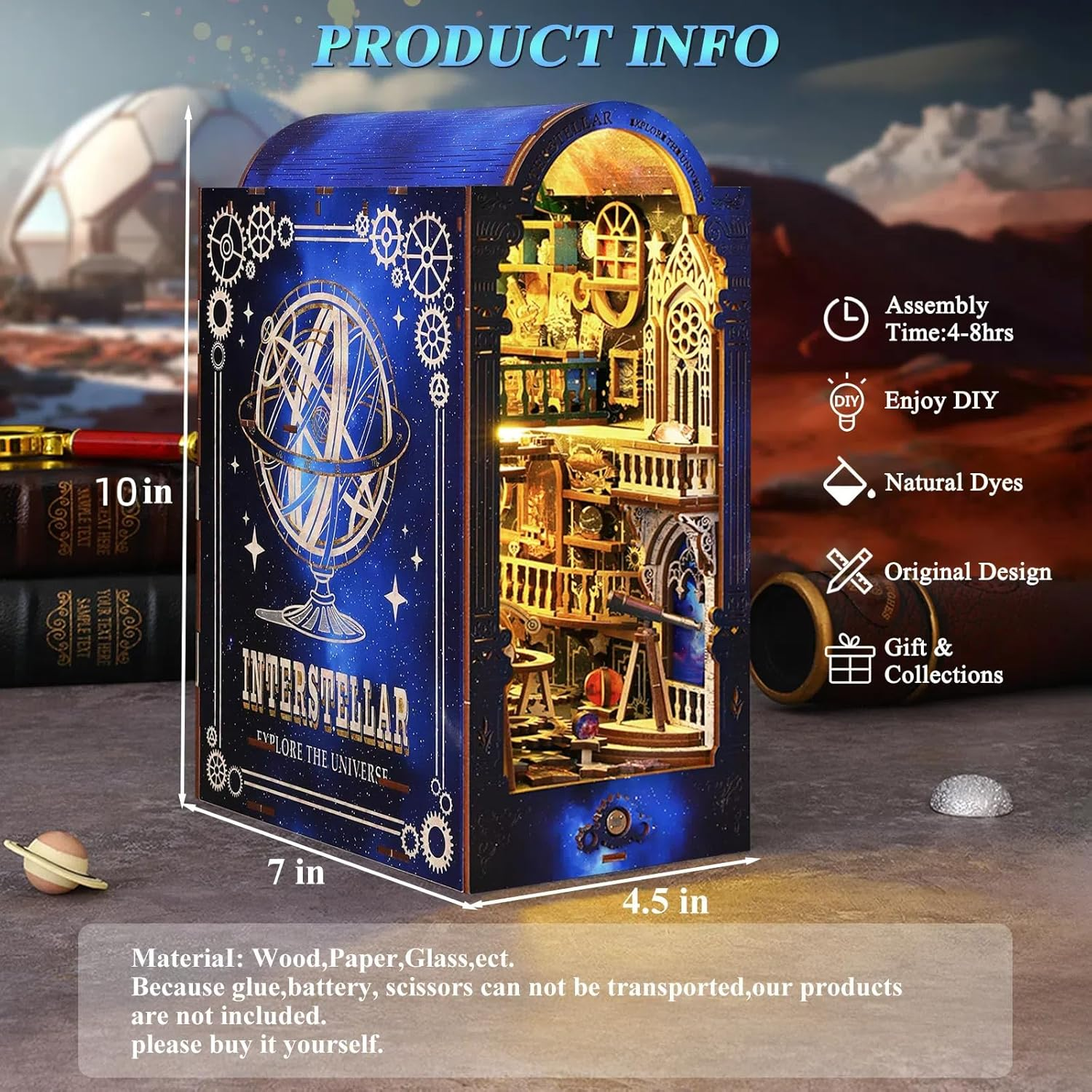 Spobot DIY Book Nook Kit Dollhouse Magic Booknook Bookshelf Insert Decor 3D Wooden Puzzle Bookend Miniature Kit with Sensor Light Creative Craft/Home Decoration for Adult (Interstellar Exploration) image number 2