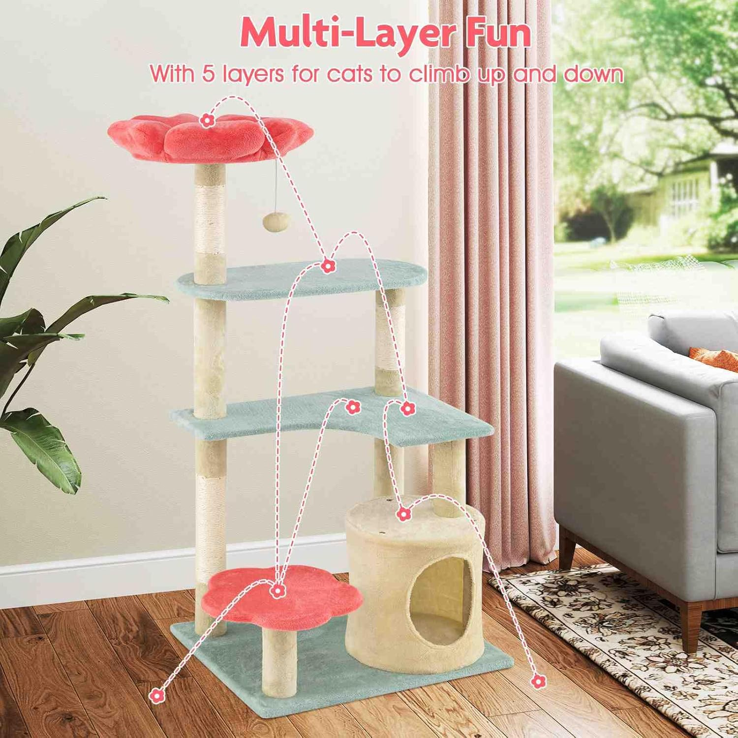 Costway 123 Cm Tall Cat Tree, Multi-Level Aesthetic Floral Kitten Tower W/Flower-Shaped Plush Padded Perch, Condo, Sisal Scratching Posts, Dangling Ball, Indoor Cat Climbing Furniture (123 Cm) image number 2