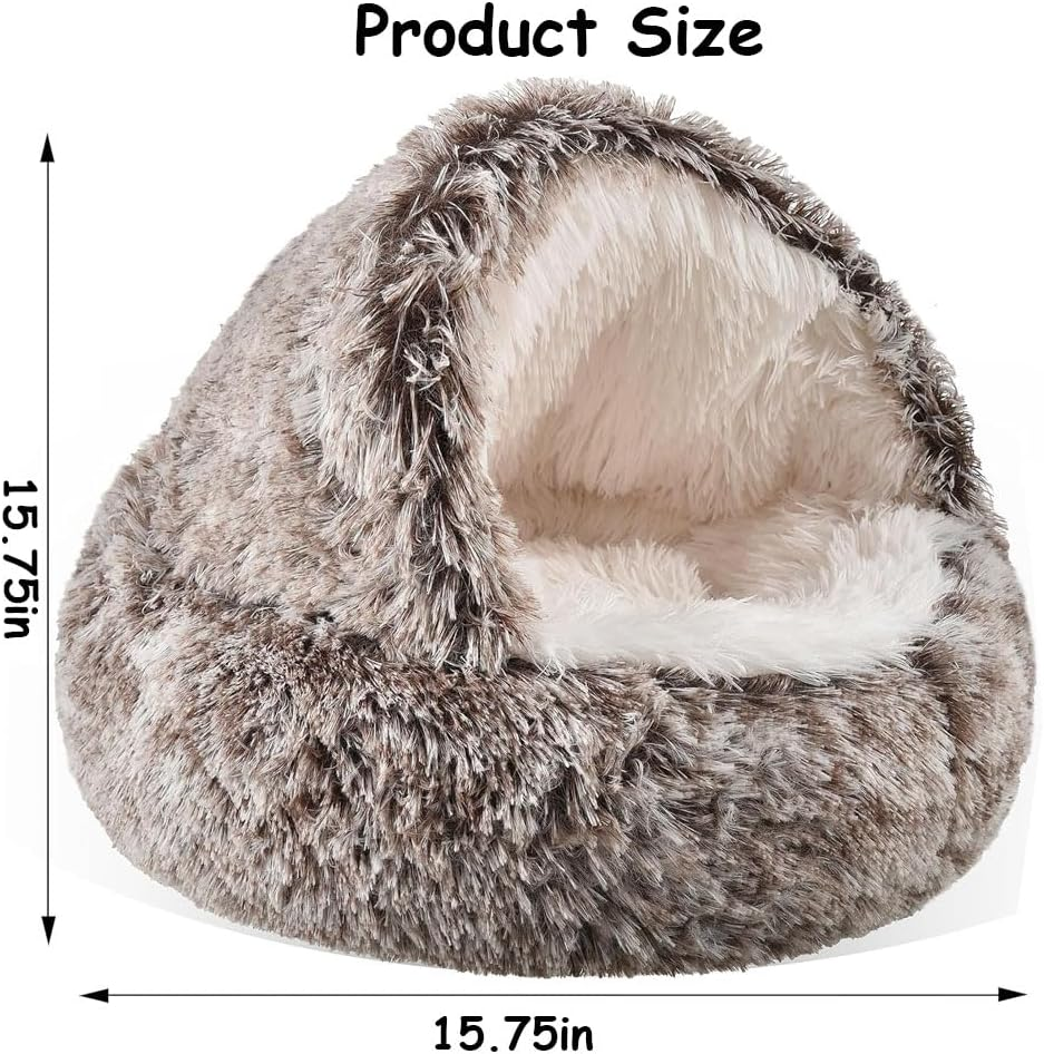 Aufondof Cat Bed round Soft Plush Burrowing Cave Hooded Ped Bed for Dogs & Cats Comfortable Self Warming Small Dog Bed Plush Calming Cat Bed (40Cm) (Brown) image number 5