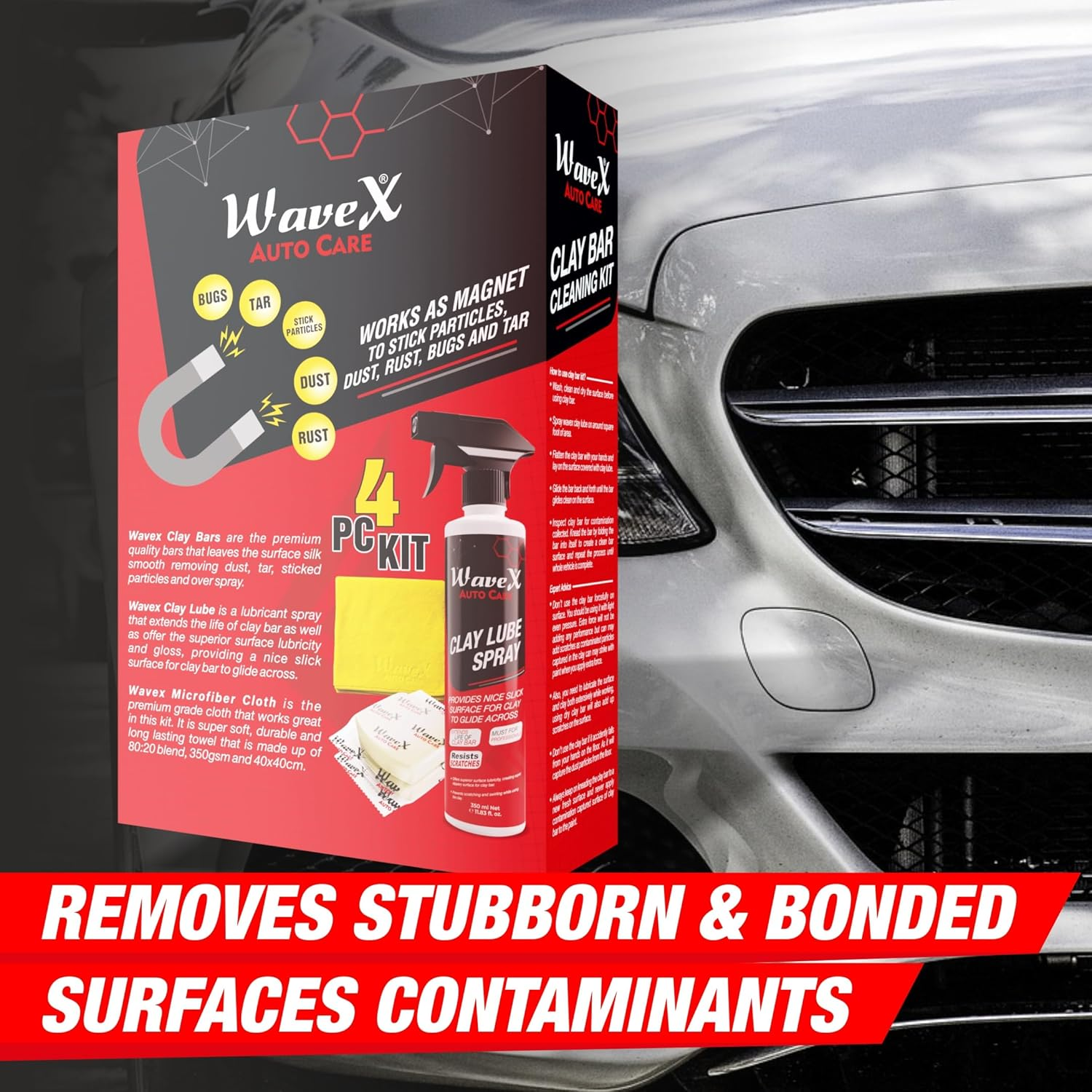 Wavex Clay Bar Kit for Car, Contains Lubricant Spray 350Ml, 2 Bar 100G Each, Microfiber, Contamination Removal Bar for Removing Rust & Other Particles