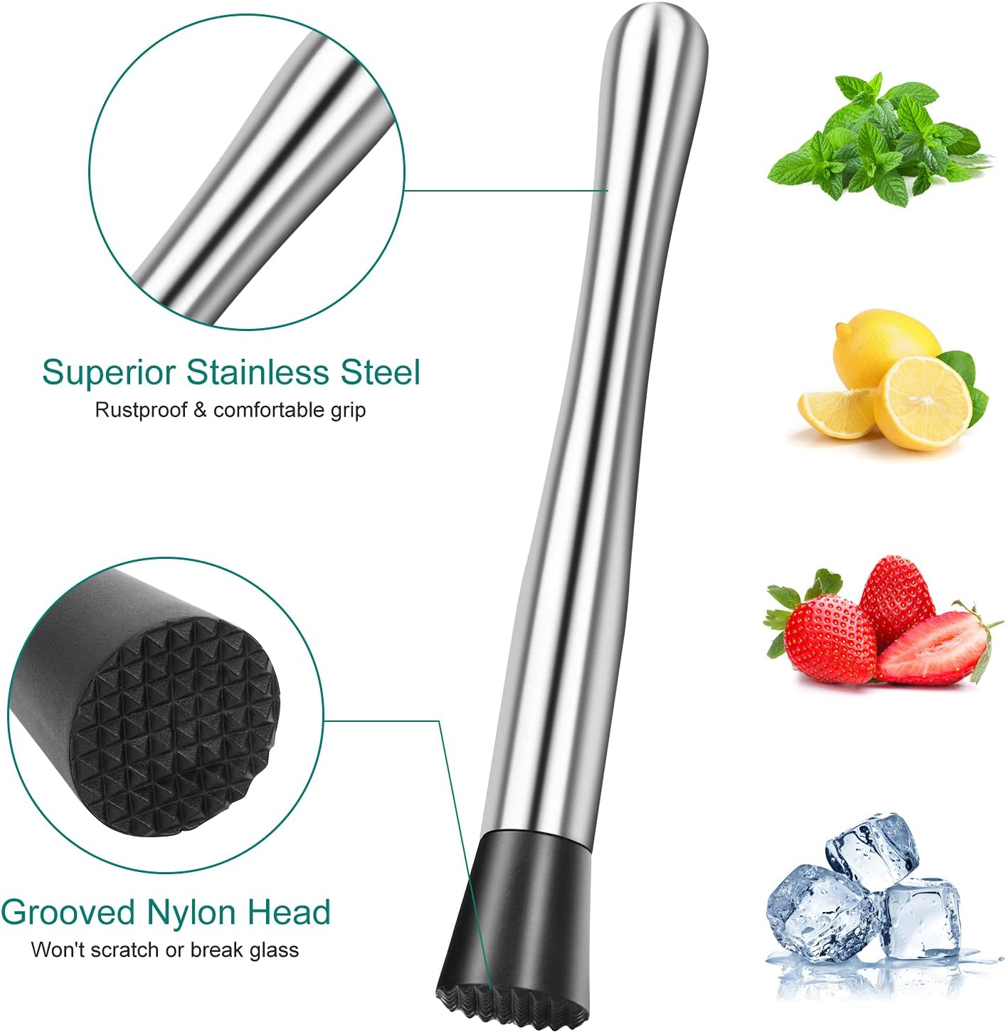 YOTIPP 10 Inch Stainless Steel Cocktail Muddler and Mixing Spoon Professional Home Bar Tool Set image number 3