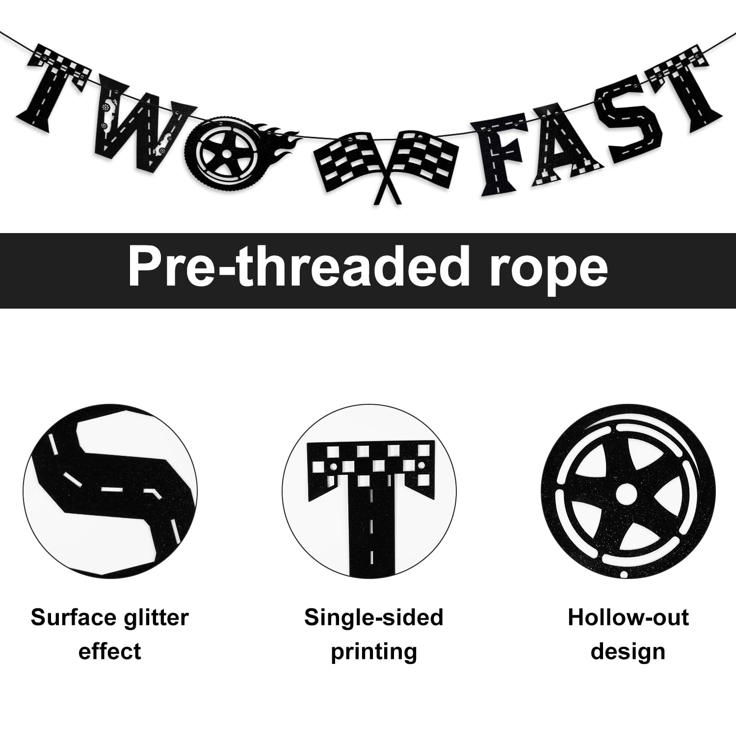 Two Fast Banner, Black Two Fast Birthday Banner Racing Car Birthday Party Decorations Paper Pre-Assembled Two Fast Birthday Decorations for Parties image number 3