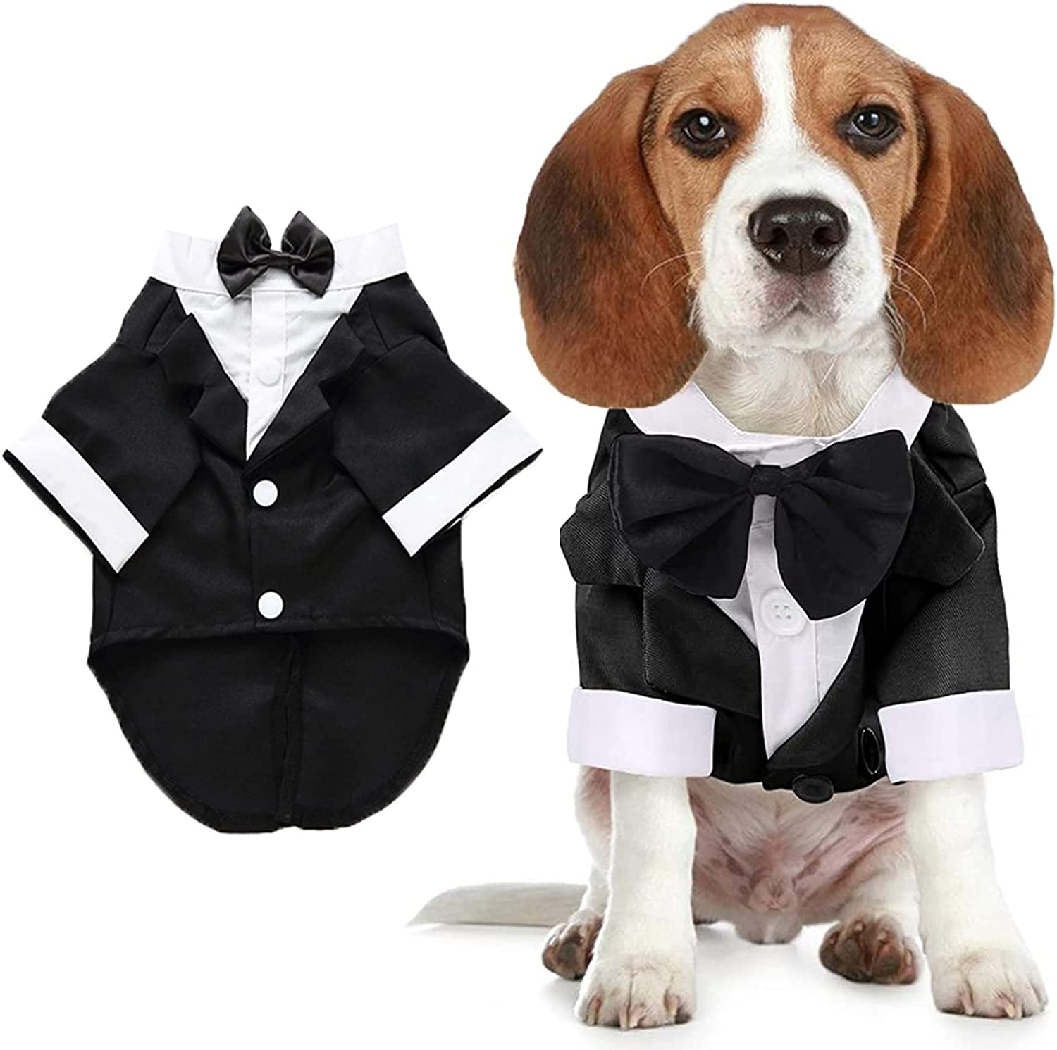 Dog Shirt Puppy Clothes, Pet Wedding Suit Formal Tuxedo with Black Bow Tie, Dog Outfit for Small Medium Dogs Cats, Dog Weding Attire Dress up Cosplay Prince Costume Gentleman Apparel (Large, Black) image number 5
