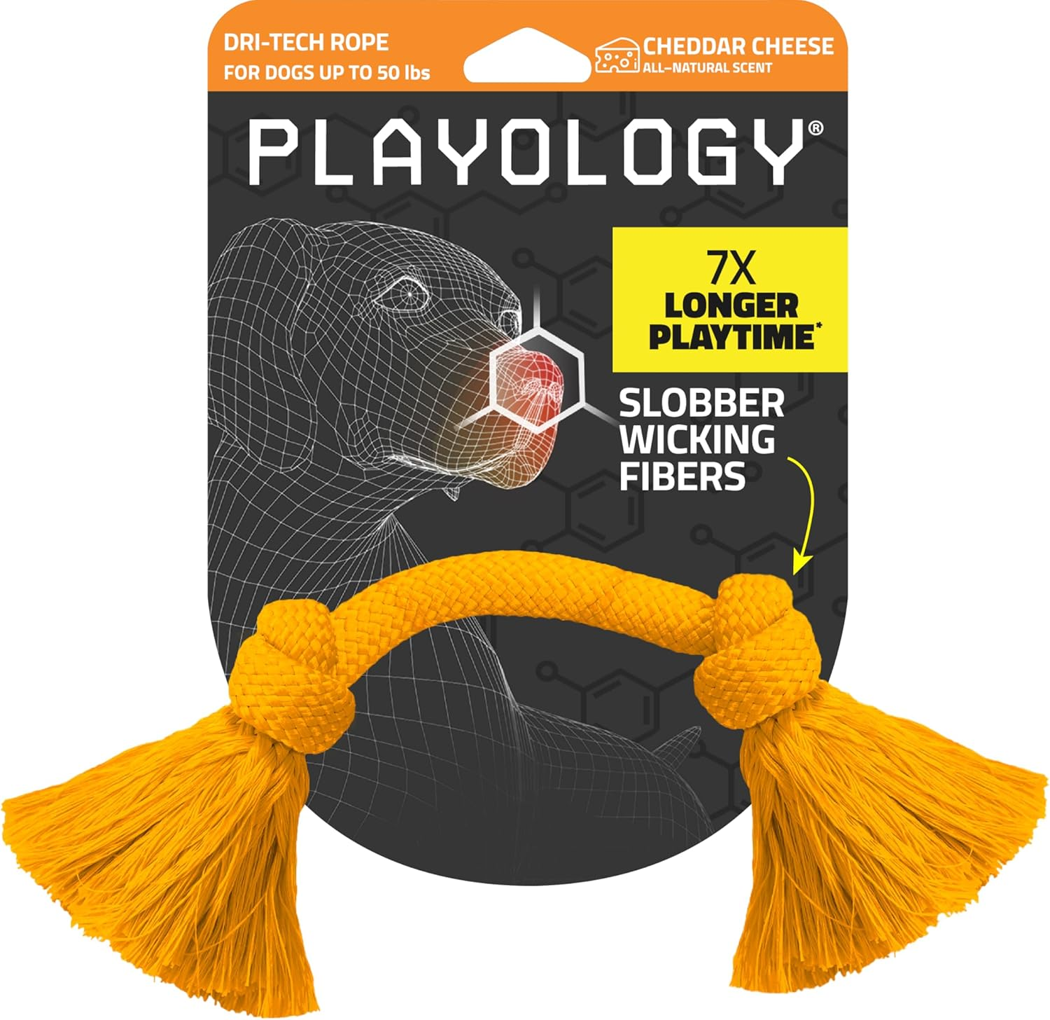 Playology Dri-Tech Rope Scented Dog Toy, Durable Fiber Technology Resists Tearing and Wicks Away Slobber, Cheddar Cheese (Medium)