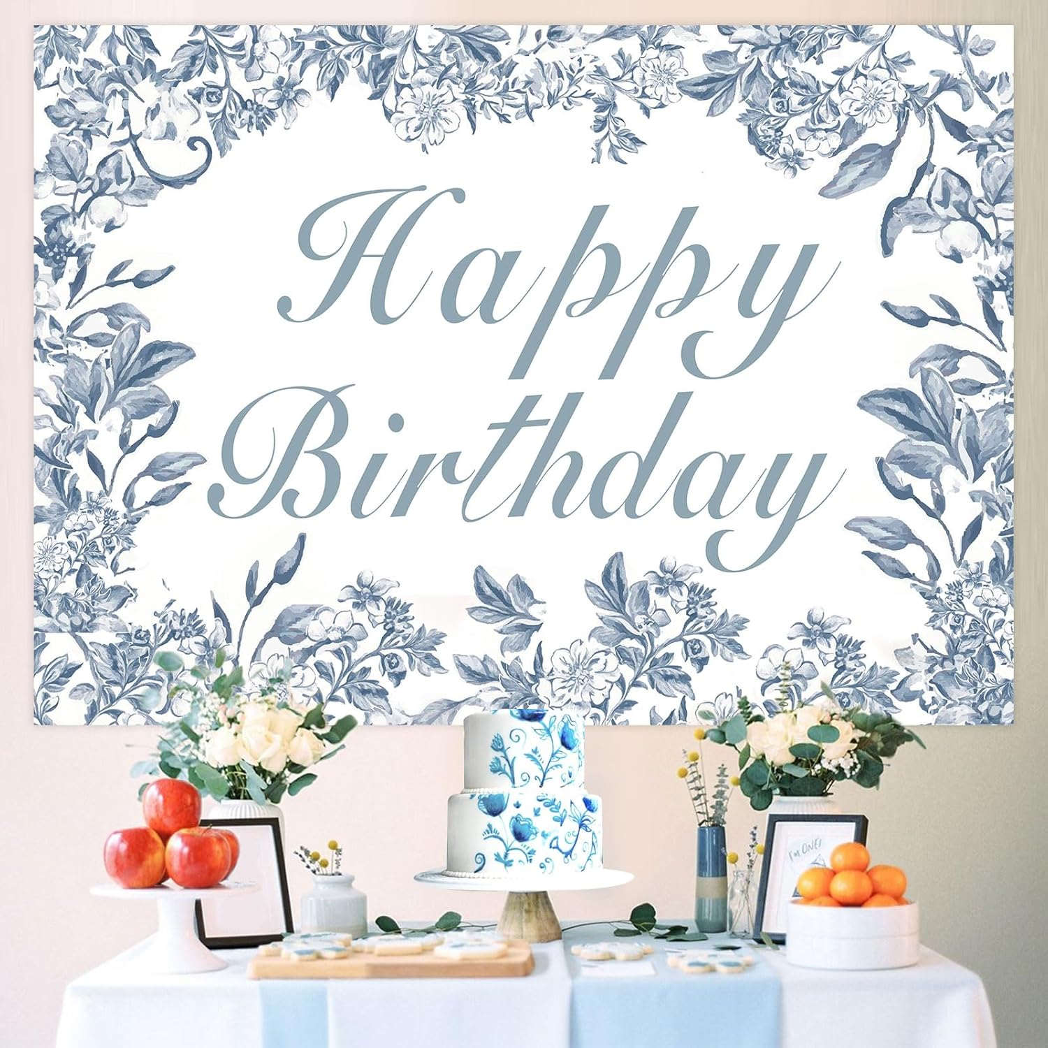 Wonmelody Blue Chinoiserie Birthday Decor 7 * 5Ft Blue Chinoiserie Happy Birthday Backdrop Banner Blue White Floral Backdrop Vintage Floral Party Decor for Chinoiserie Birthday Wedding Bridal Shower image number 4