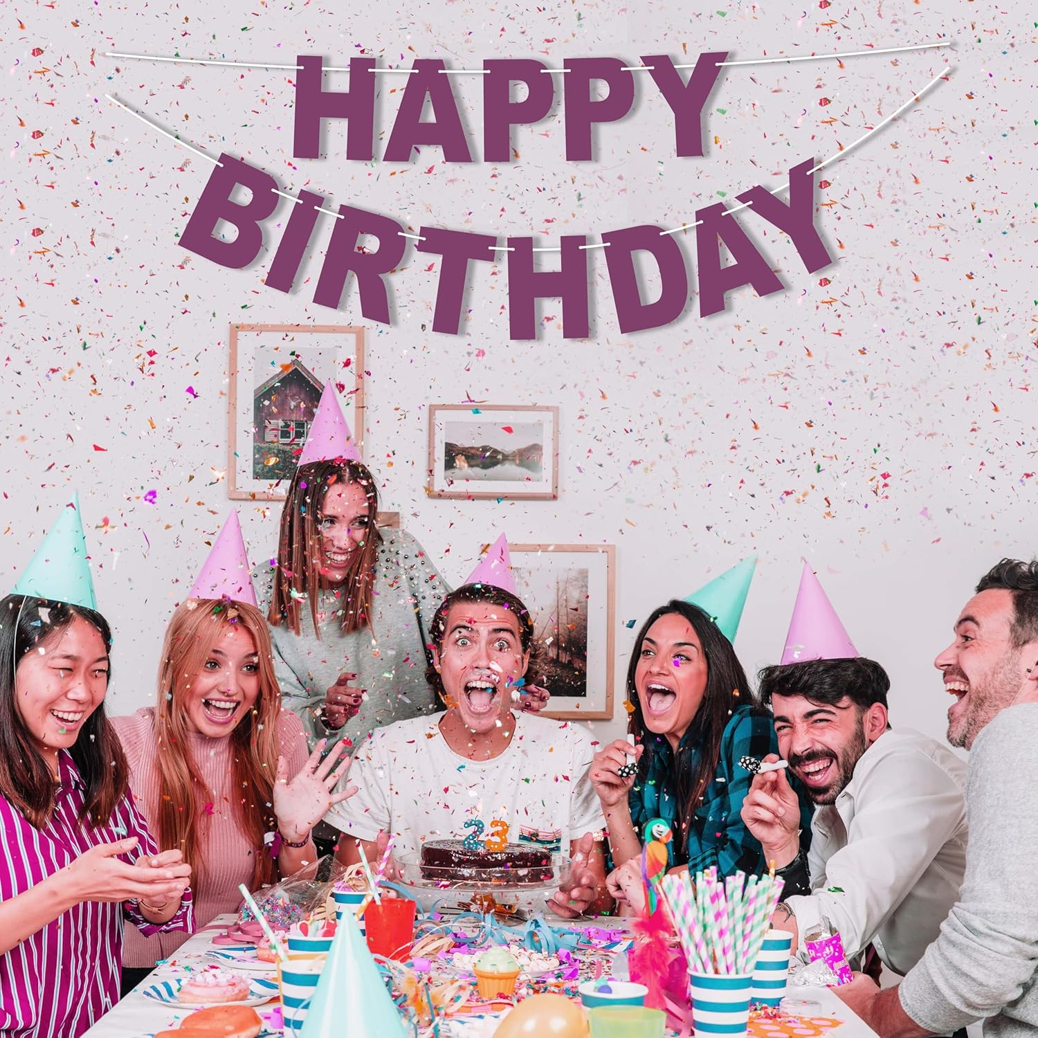 DIY Magenta Purple Colour Printed Happy Birthday Banner 10Ft Holograthic Birthday Banner Birthday Party Decoration Supplies image number 1