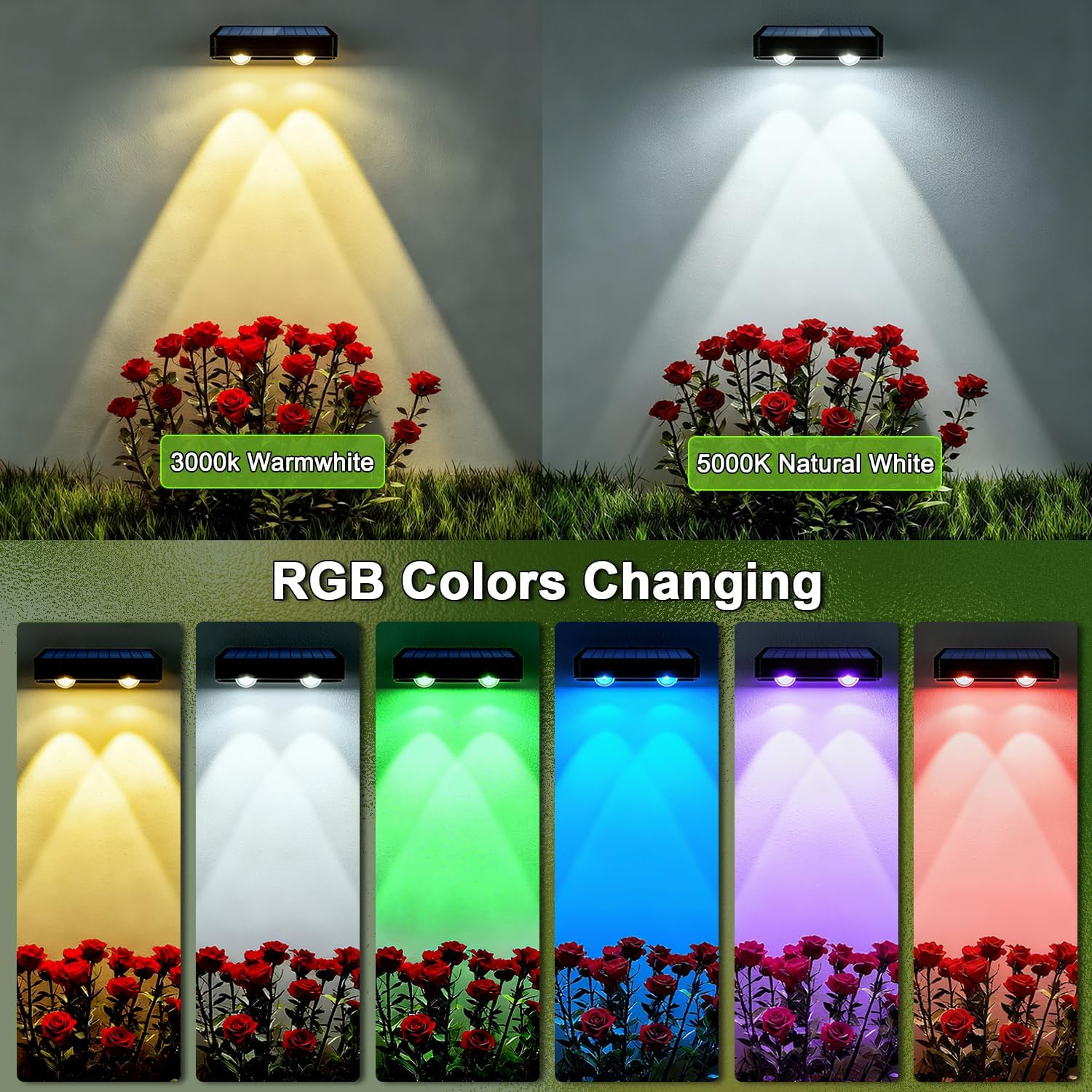 Solar Fence Lights Outdoor, 3000K/5000K/6500K & RGB Colors, Multiple Modes Solar Lights IP65 Waterproof for Patio, Backyard, Garden, Deck, Fence, Dusk to Dawn (Pack of 8) image number 1