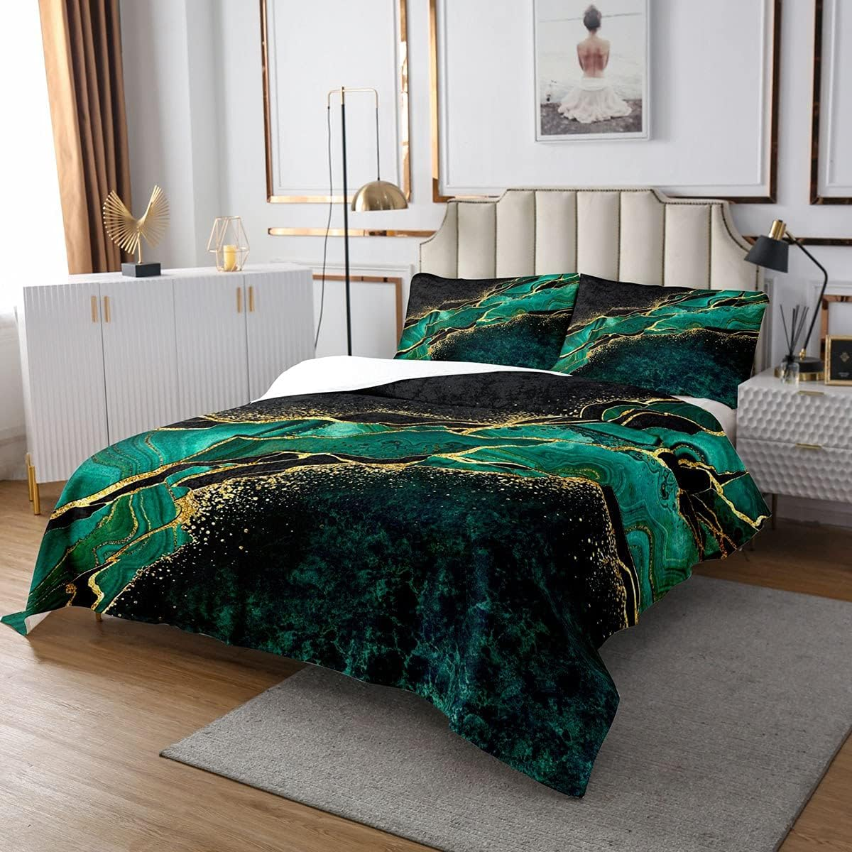 Marble Bedspread Set 240 X 260 Cm, Black Grey Geometric Gold Plaid Bed Linen Set, Modern Luxury Diamond Quilt Set with Metallic Stripe Printed Beehive Hexagon Grid Coverlet Set, Honeycomb