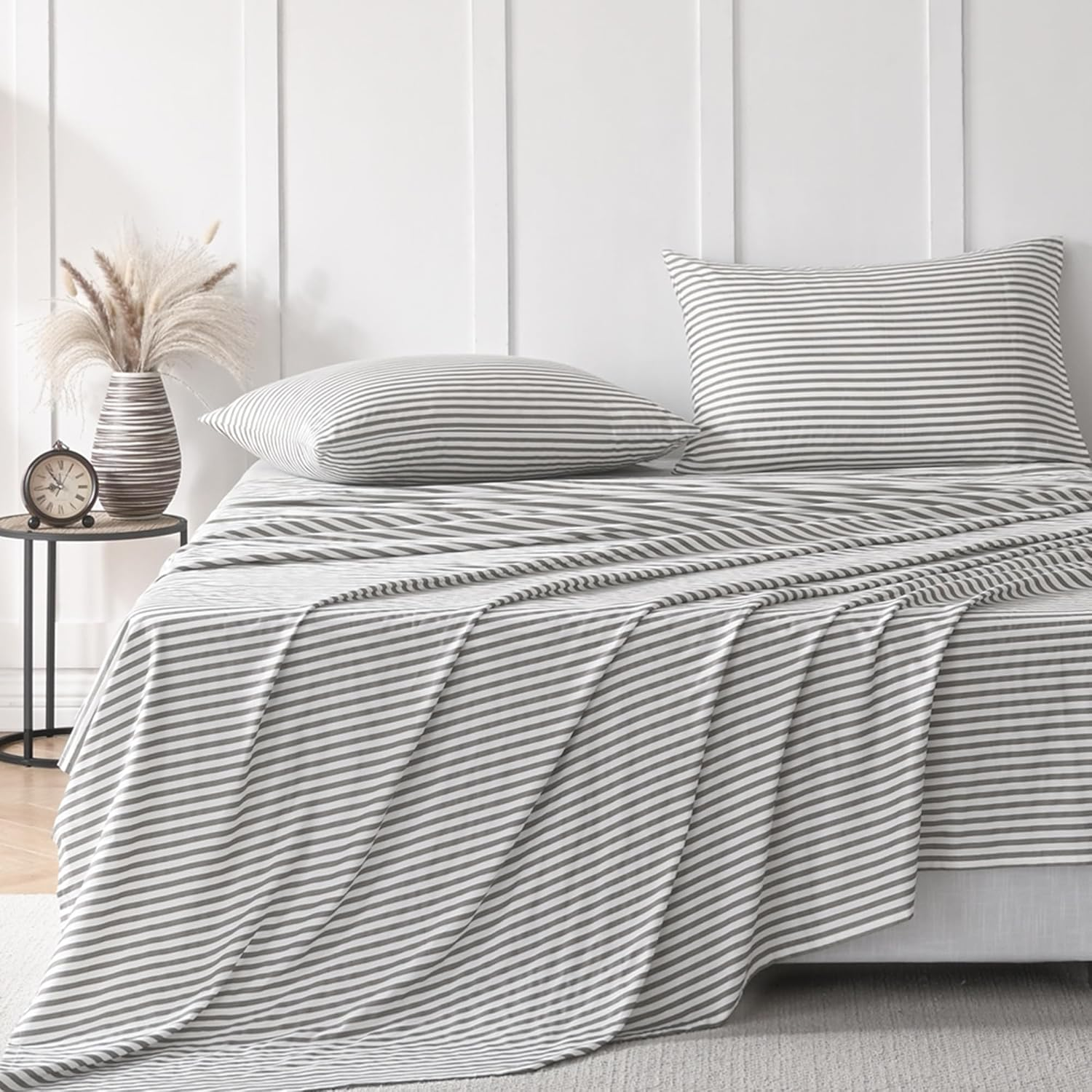 JELLYMONI Striped Sheets Set Queen Size, 4 Pieces 100% Cotton Bed Sheets - 16" Deep Pockets Fitted Flat Sheet & Pillowcase Bedding Set, Ultra-Soft, Machine Washable