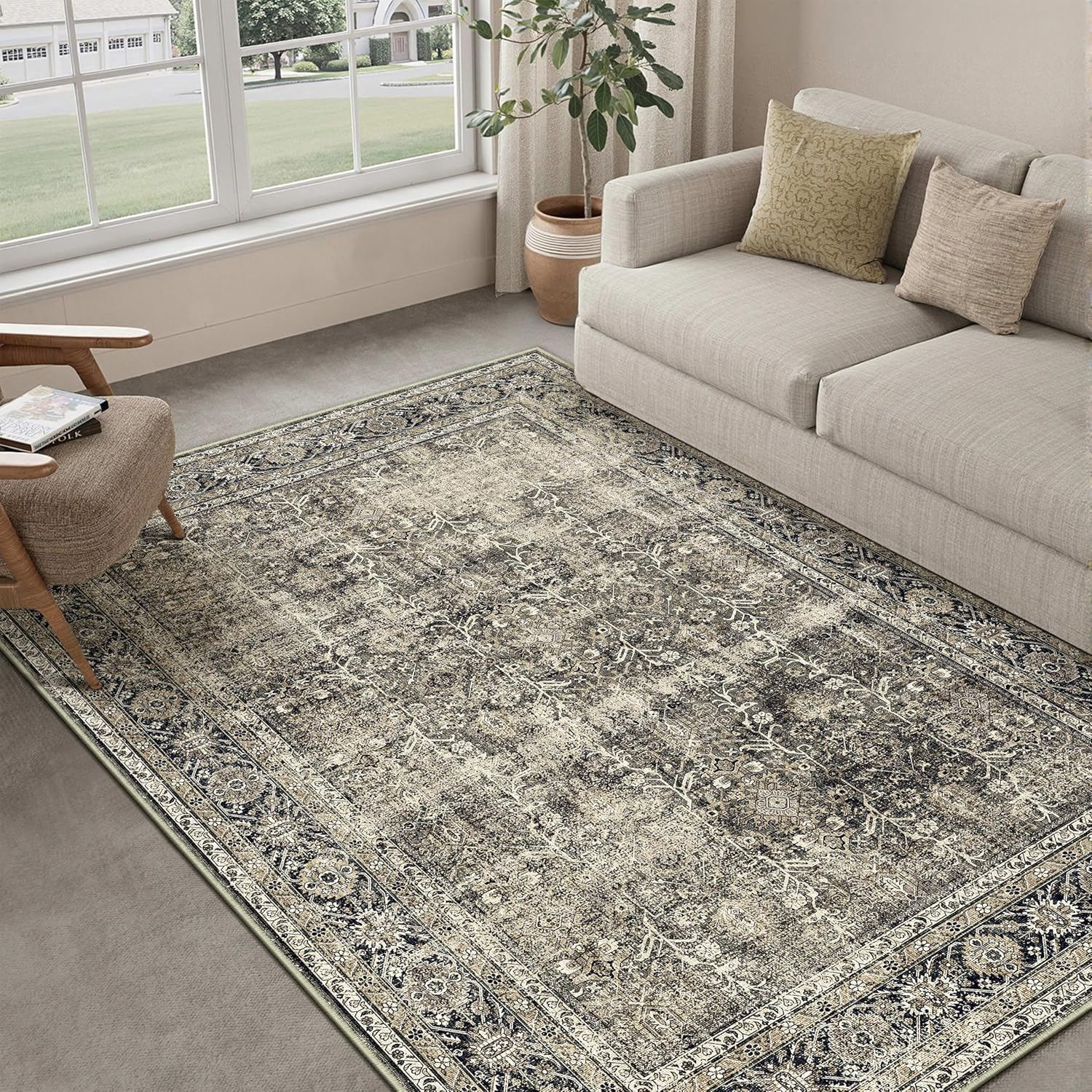 Purecozy Vintage Rugs for Living Room 160X230Cm Brown Office Washable Carpet Non Slip Bedroom Indoor Area Rug Low Pile Home Decor Retro Accent Rug for Dining Room Bathroom Kitchen image number 4