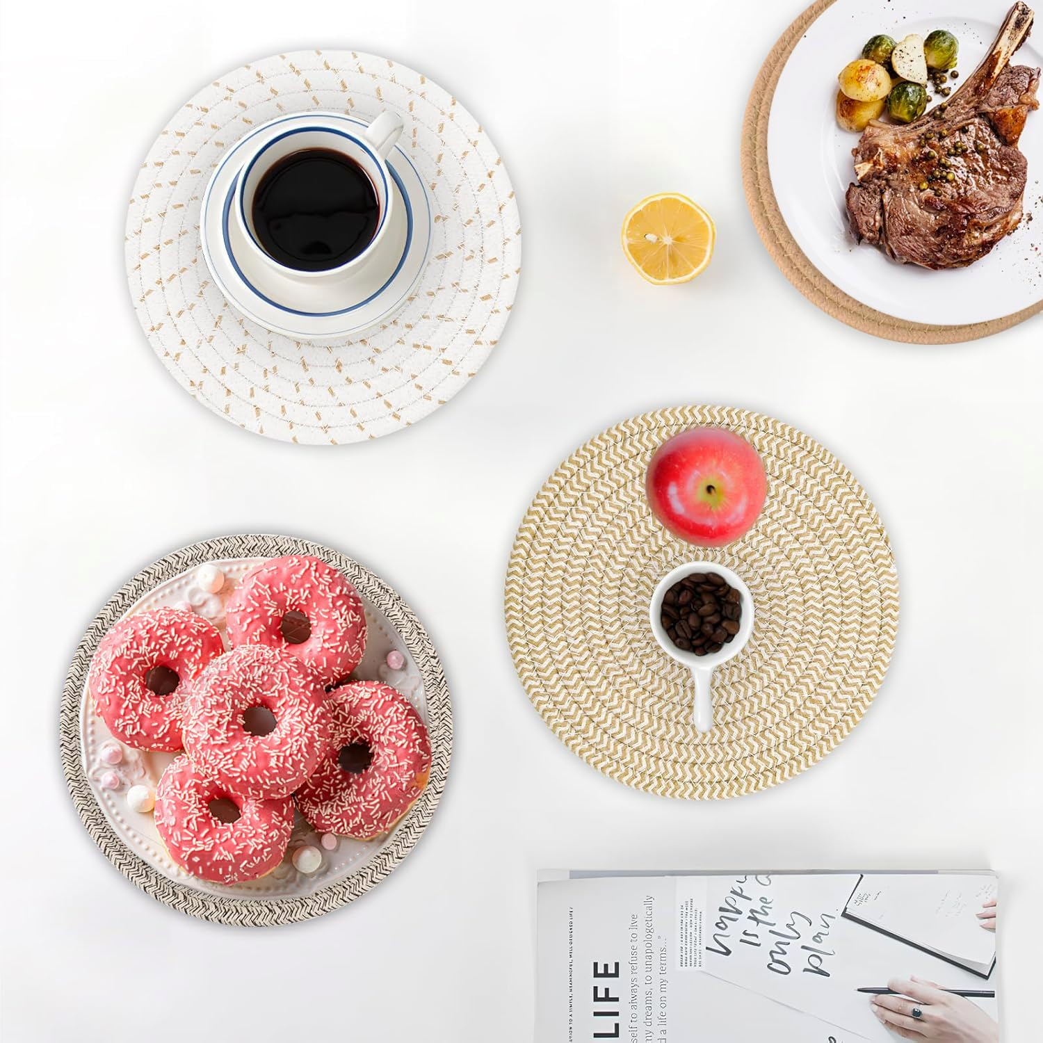 Chamgeco 10-Inch Woven Table Mats Placemats Trivets, 4PCS Heat-Resistant Cotton Braided Pot Holders Non-Slip Hot Pads for Hot Dishes Pans, Kitchen Countertops,Tables, Home Kitchen Essentials(Color 2) - Color 1 image number 4