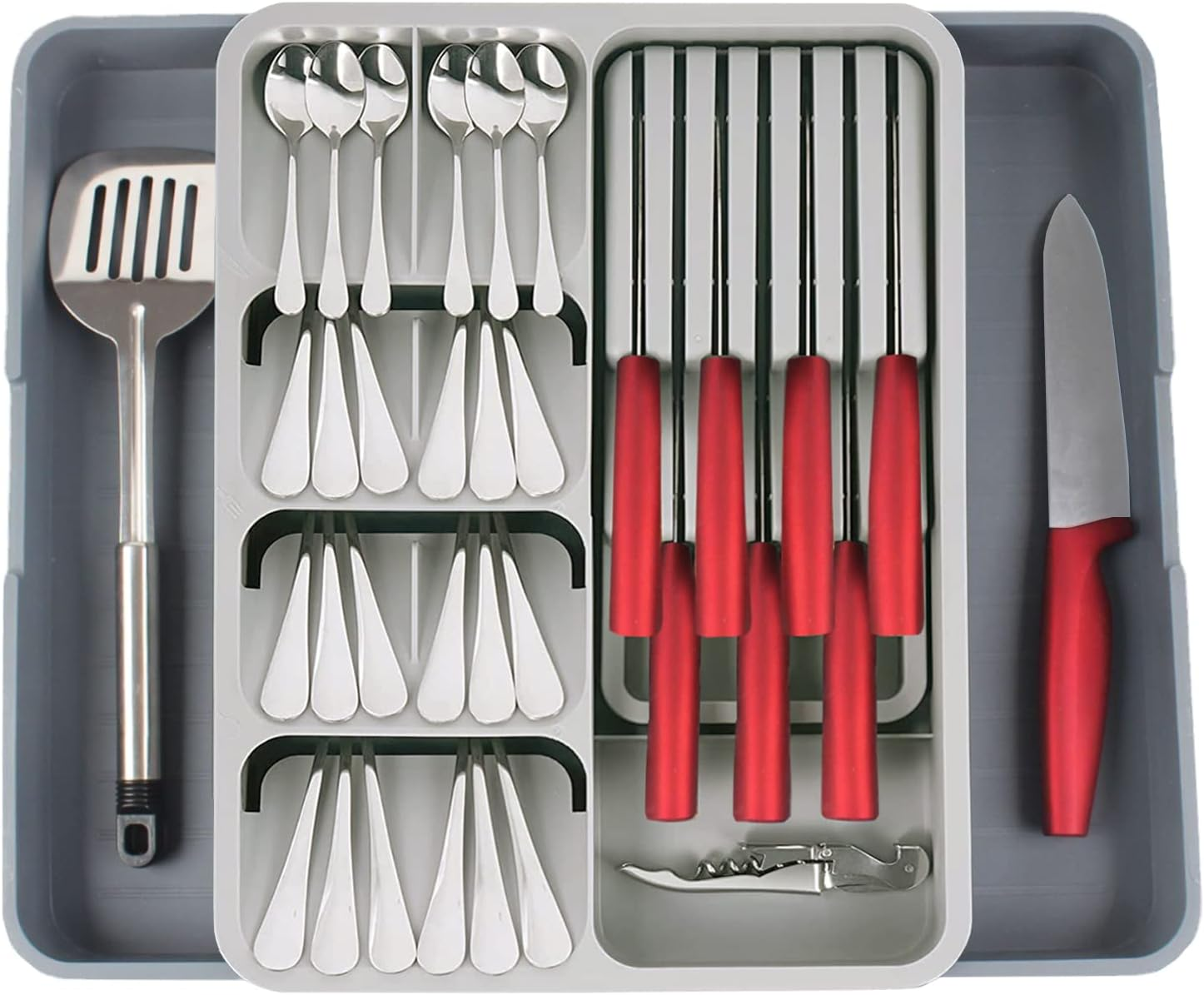 FOREVERIE Extendable Kitchen Utensils Drawer Storage Organiser, 5 Compartments Deep Cutlery Tray Holder for Silverware, Flatware, Knives, Spoons and Forks, Grey