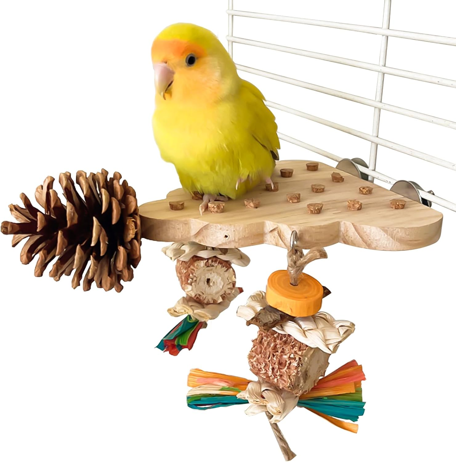 DXQCHDUO Parrot Platform Toys,Wooden Bird Climbing Plaftform with Chew Toys,Corn Stick Pine Cones Parrots Toy,Bird Cage Accessories for Small and Medium-Sized Parrots image number 2