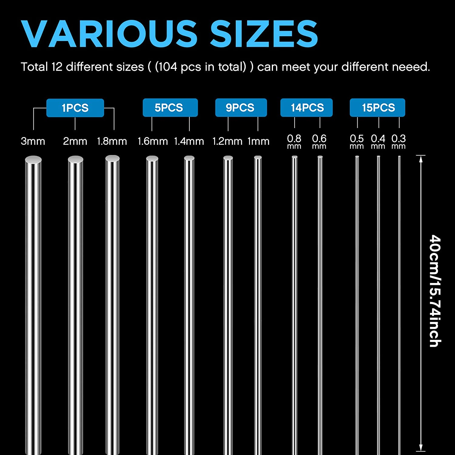 104 Pcs 40 Cm Stainless Steel Spring Music Wire, 12 Different Straight Full Hard Spring Steel Wire, 0.3 Mm, 0.4 Mm, 0.5 Mm, 0.6 Mm, 0.8 Mm, 1 Mm, 1.2 Mm, 1.4 Mm, 1.6 Mm, 1.8 Mm, 2 Mm, 3 Mm image number 3