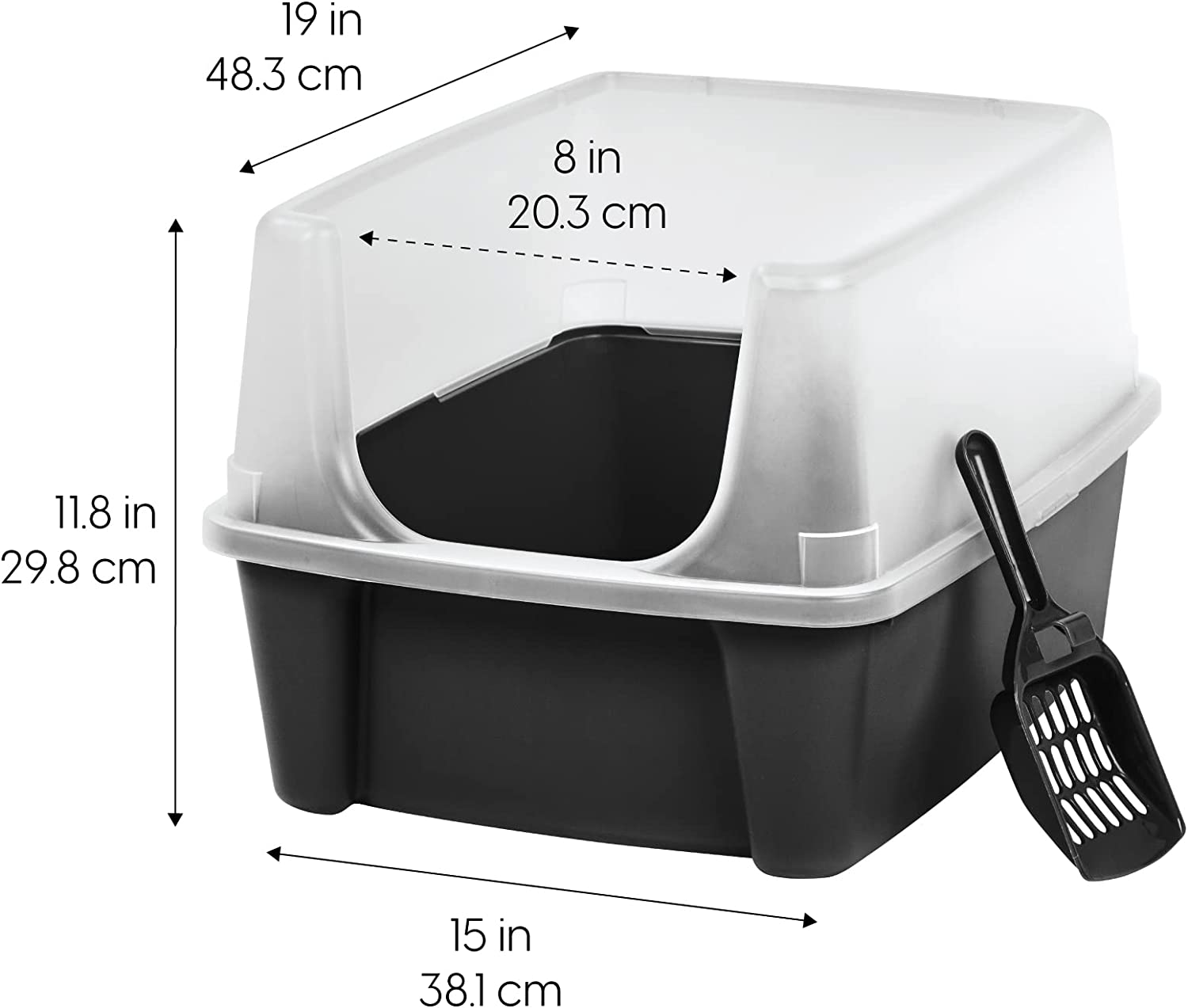 IRIS USA Large Open Top Cat Litter Tray with Scoop and Scatter Shield, Sturdy Easy to Clean Open Air Kitty Litter Pan with Tall Spray and Scatter Shield, Black image number 6