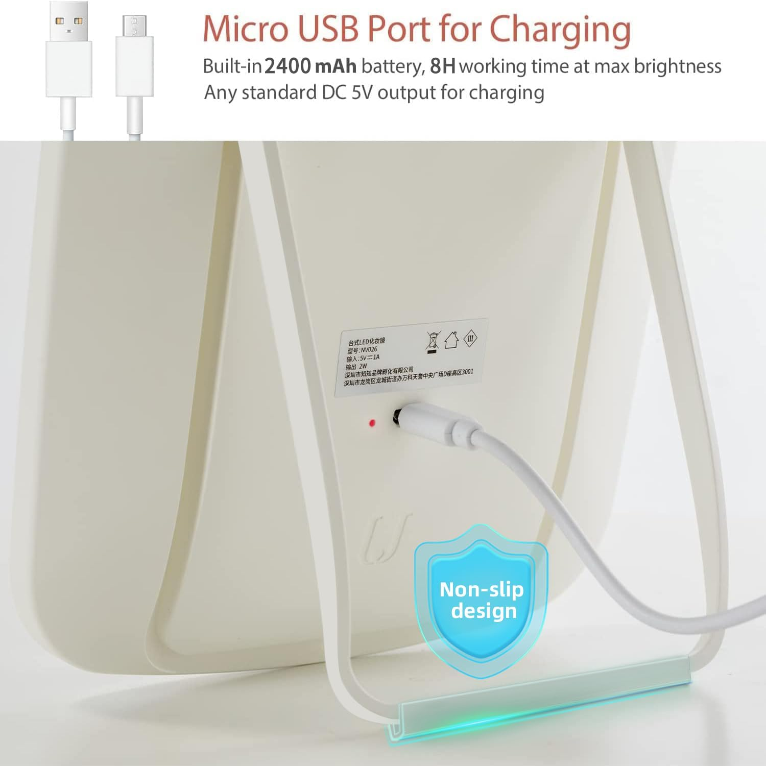 Lighted Makeup Mirror, [Silicone anti Slip] Touch Control Vanity Mirror with 3 Lights, Portable Travel Makeup Mirror, 2400 Mah Brightness Adjustable Cosmetic Light up Mirror, LED Mirror for Desk Dorm image number 4