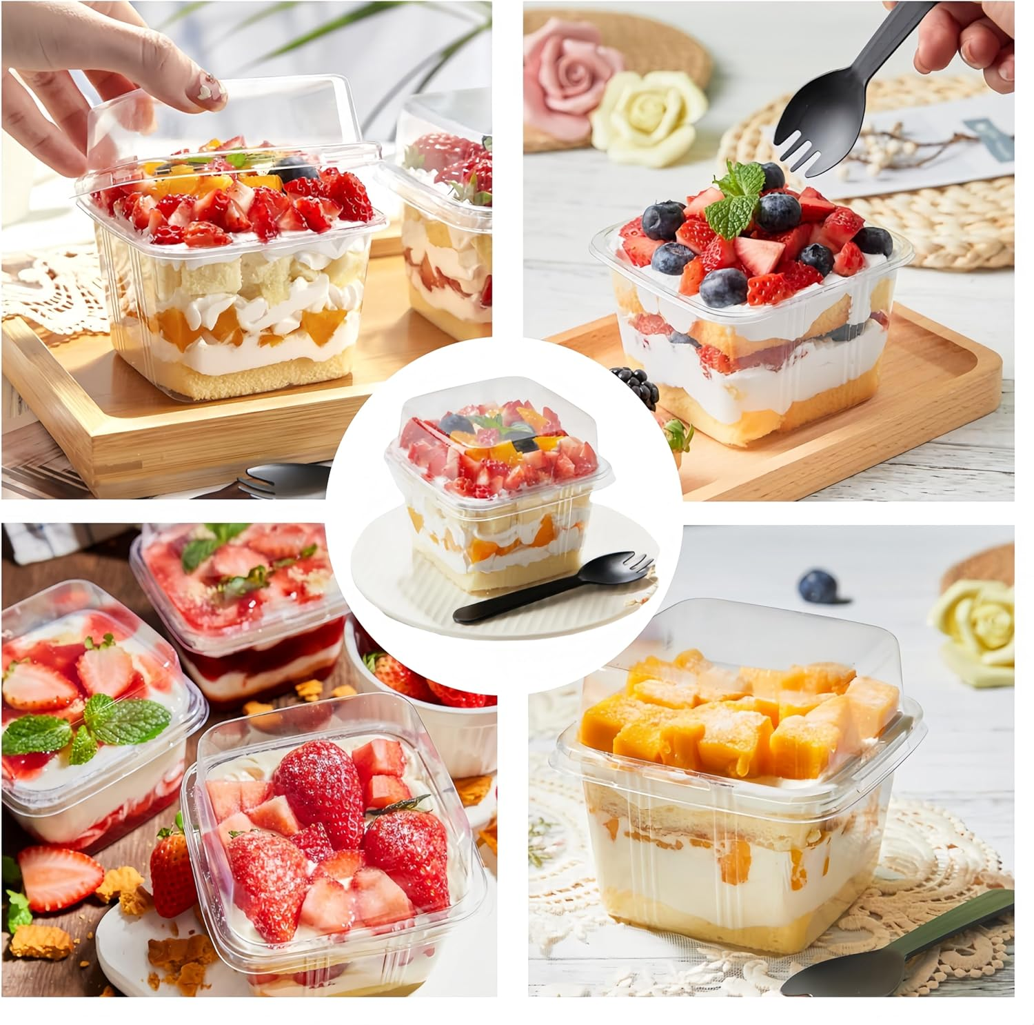 Square Clear Dessert Cups,8 Oz Dessert Cups with Lids and Sporks,Fruit Cups with Lid for Party,Yogurt Parfait Containers for Pudding, Yogurt Fruit, Mousse and Ice Cream(50Pcs) image number 1