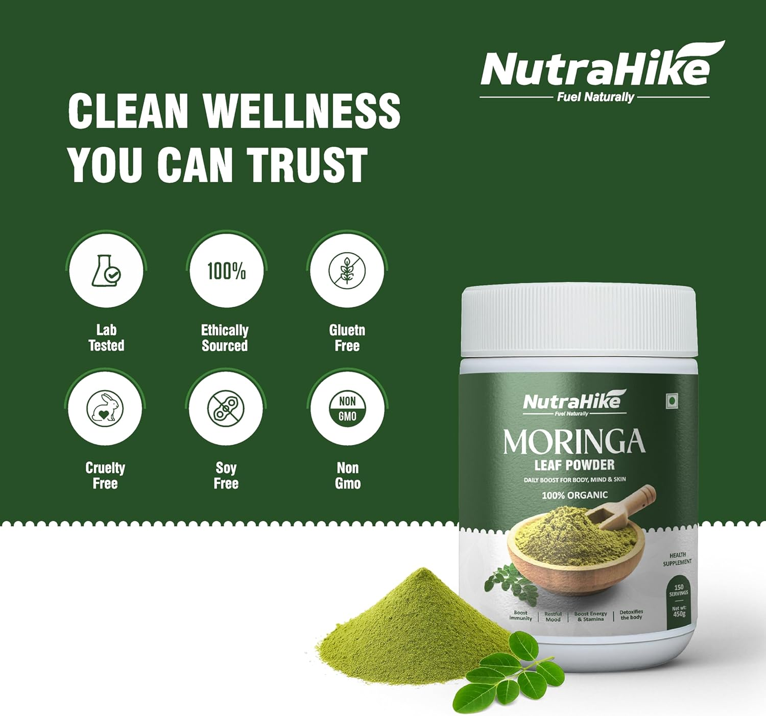 Nutrahike Moringa Leaf Powder 450G &ndash; 100% Pure Superfood, Rich in Vitamins & Antioxidants &ndash; Natural Energy, Immunity & Detox Support &ndash; Vegan, Gluten-Free Green Powder image number 2