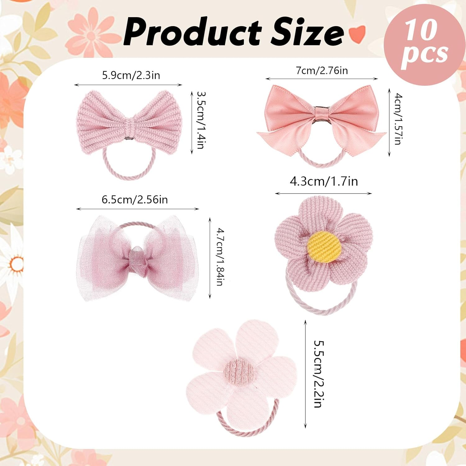 Pack of 10 Cute Hair Bobbles with Bow, Pink Elastic Hair Bands, Cute Flower Hair Scrunchies for Baby Girls, Toddlers, Accessories image number 6