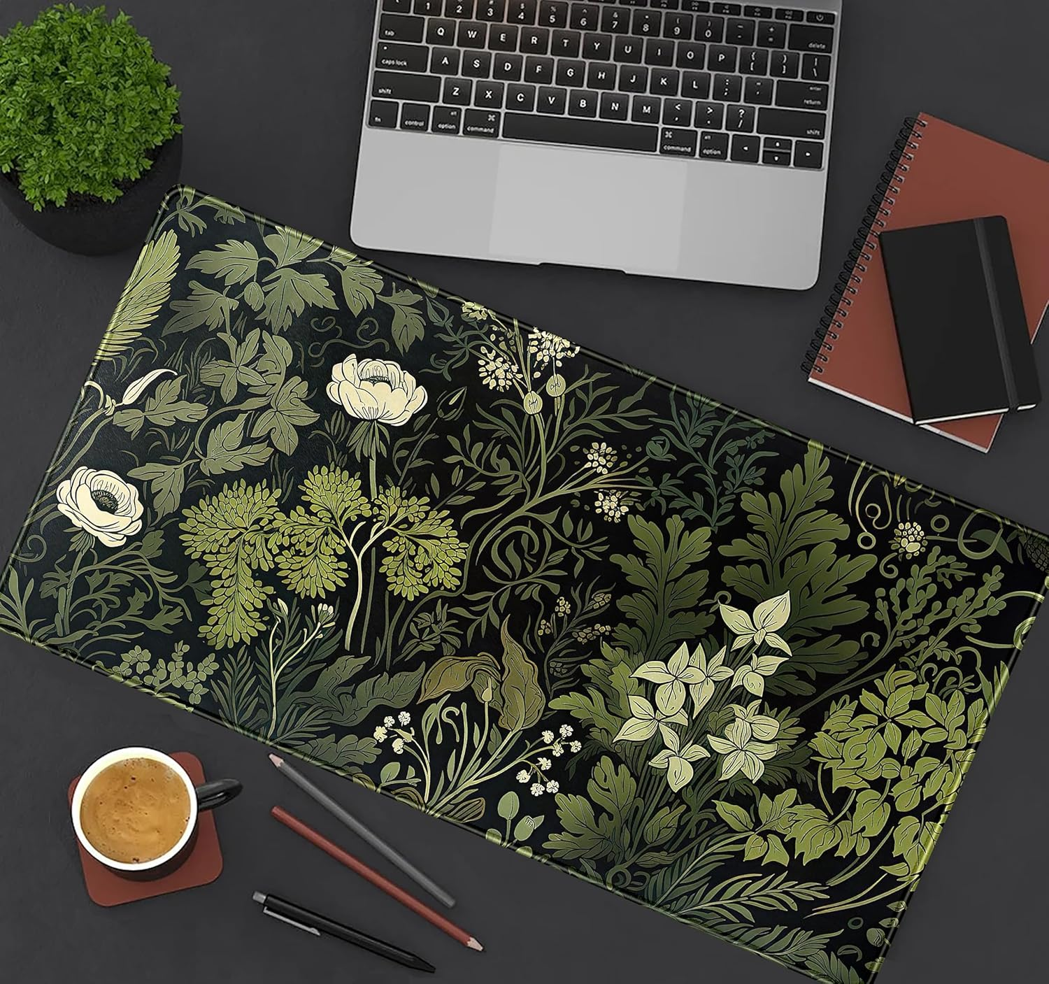 Green Leaves Beige Plants Pad, Large Extend Mouse Pad XXL, Freshness Foliage Keyboard Mat, Black Esthetics Desktop Mat Laptop Wireless Mouse Mat, Gift for Women 31.5"X15.75" - Orange Space Planets image number 3