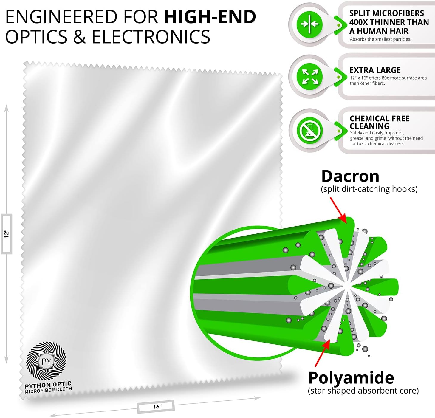 Python Premium Microfiber Cloth 12X16In - Scratch-Free Optical Lens & Glasses Cleaner, Screen Cleaning for Computers, Tvs, Apple Devices, Zeiss Lenses, Luxury Watches & Expensive Optics image number 5