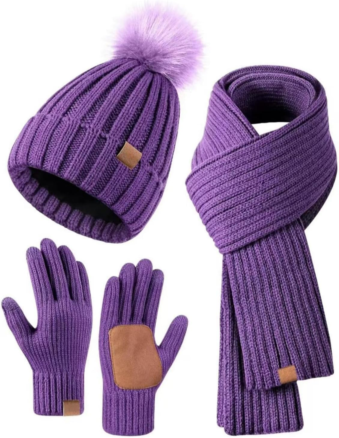 Womens Beanie Hat Scarf Gloves Set,Warm Knit Beanie with Pom Pom Long Scarf Touchscreen Gloves for Cold Weather