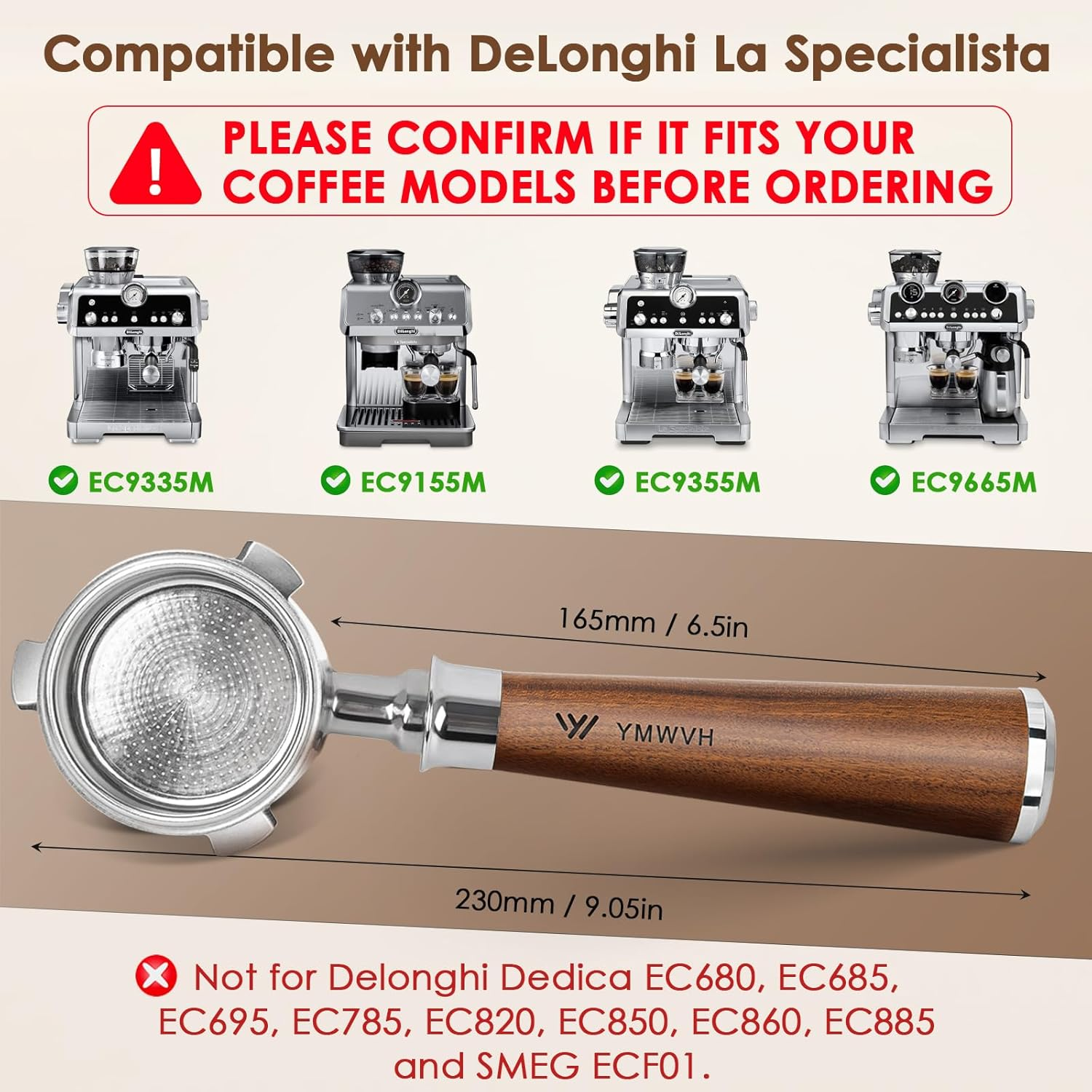 3 Ear Filter Holder for De'Longhi La Specialista Espresso Machine, 51Mm, EC9335, 9155, 9355, 9665, 100% Cup, Stainless Steel Filter Basket and Walnut Handle DE