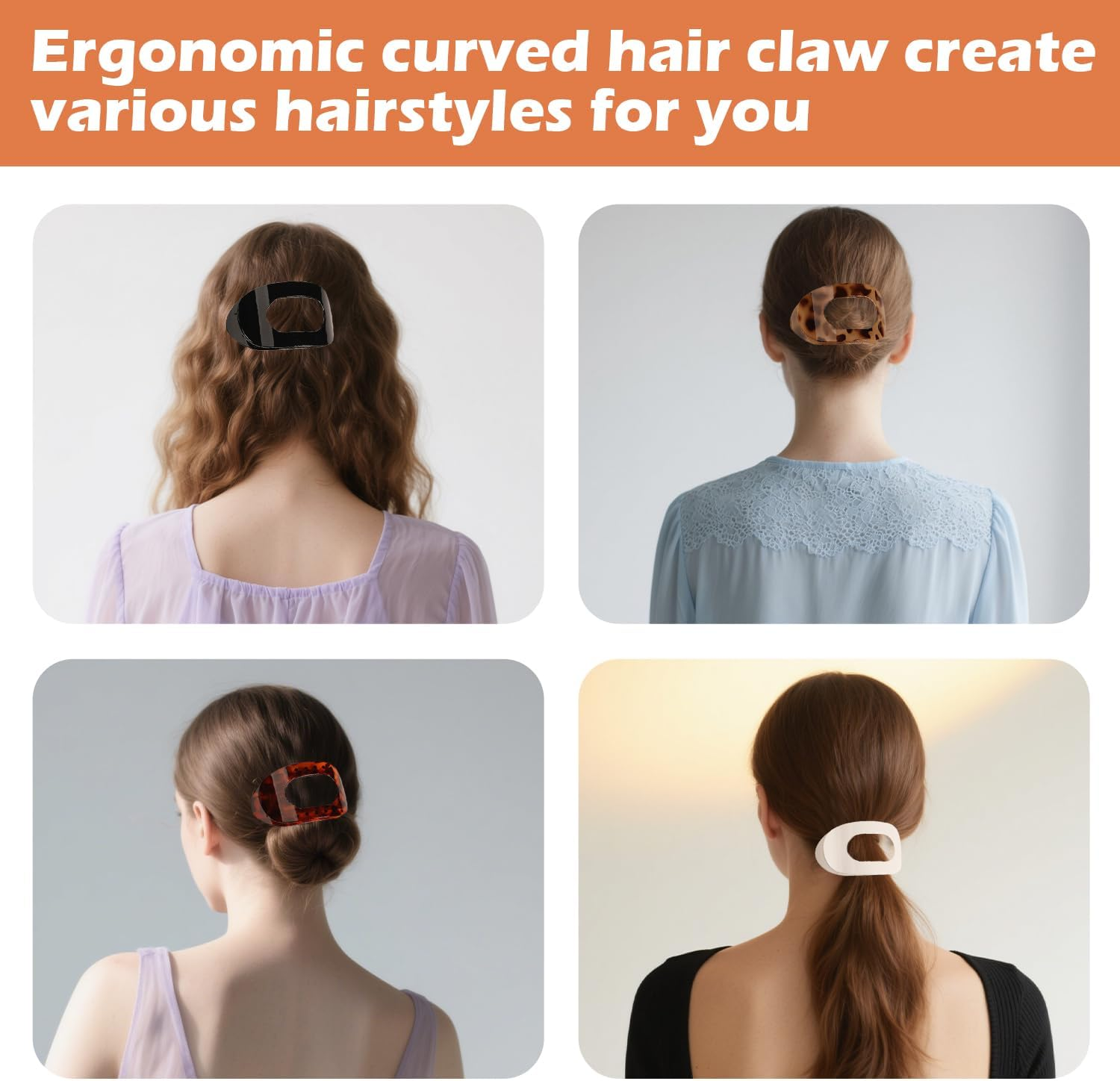 ARWIG 4 Pcs Flat Hair Claw Clips | Curved Womens Hair Clips | Lay Flat Hair Clip | Hair Accessories for Women | Flat Claw Clips for Thick Hair (Colour 1)