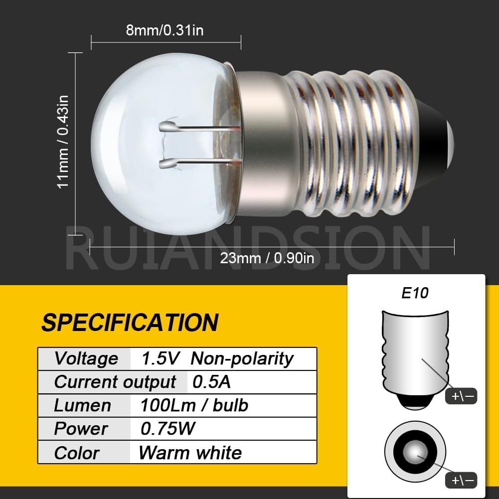 Ruiandsion E10 Flashlight Bulb,1.5V,Non-Polarity,Replacement for Flashlights Torch Work Lights,Warm White(Pack of 5) image number 7