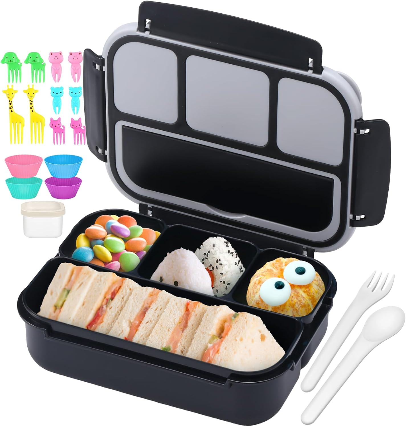 QQKO Bento Lunch Box with 4 Compartments, Sauce Container, Utensils, Food Picks and Muffin Cups for School - Purple