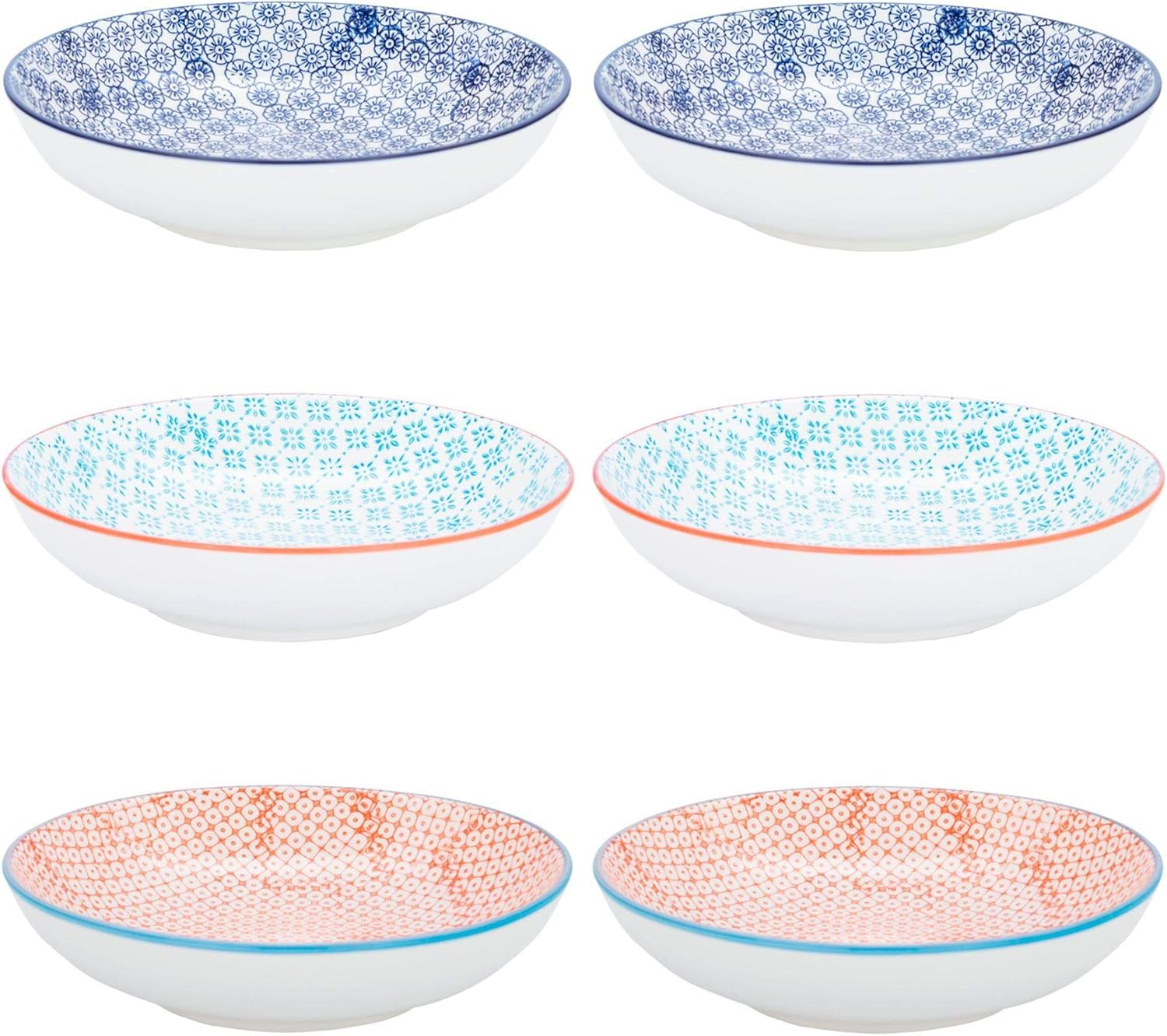 Nicola Spring Patterned Pasta Bowls - 3 Colours - Pack of 6 - Porcelain Flower Print Design Rice Serving Bowls for Cereal, Fruit, Dessert, Salad, Noodles, Snacks