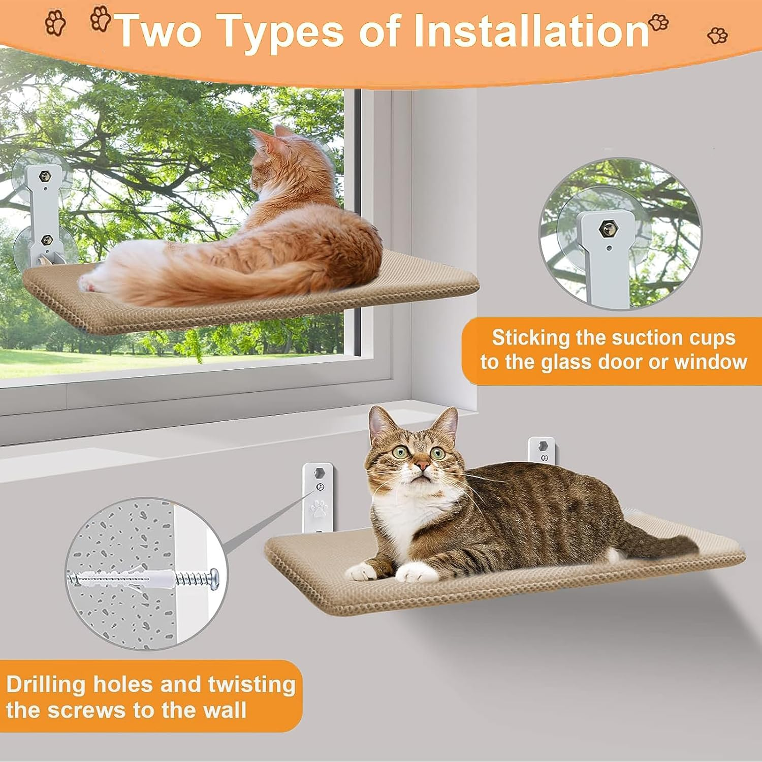 Cat Window Perch,Foldable Cat Hammock with 4 Strong Suction Cups,Cordless Hammock for Window,Sturdy Kitten Bed for Indoor Large Kittens Resting (Hold up to 50Lbs) image number 2