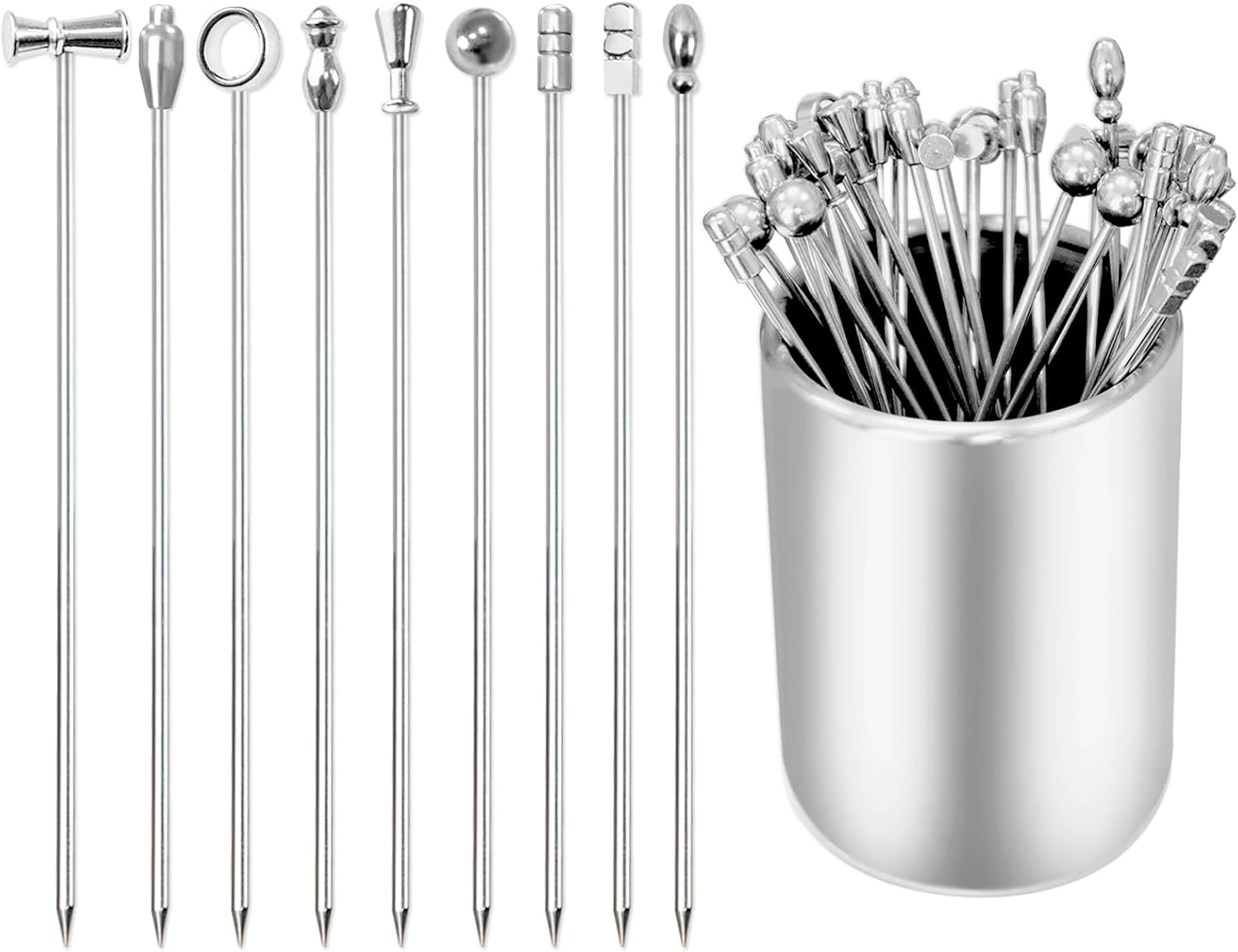 36 PCS Metal Cocktail Picks with Holder Kit, Martini Picks, Reusable 304 Stainless Steel Cocktail Toothpicks, Appetizer Skewers Set for Sandwiches, BBQ Snacks, Olives Fruits (Multicolor) image number 3