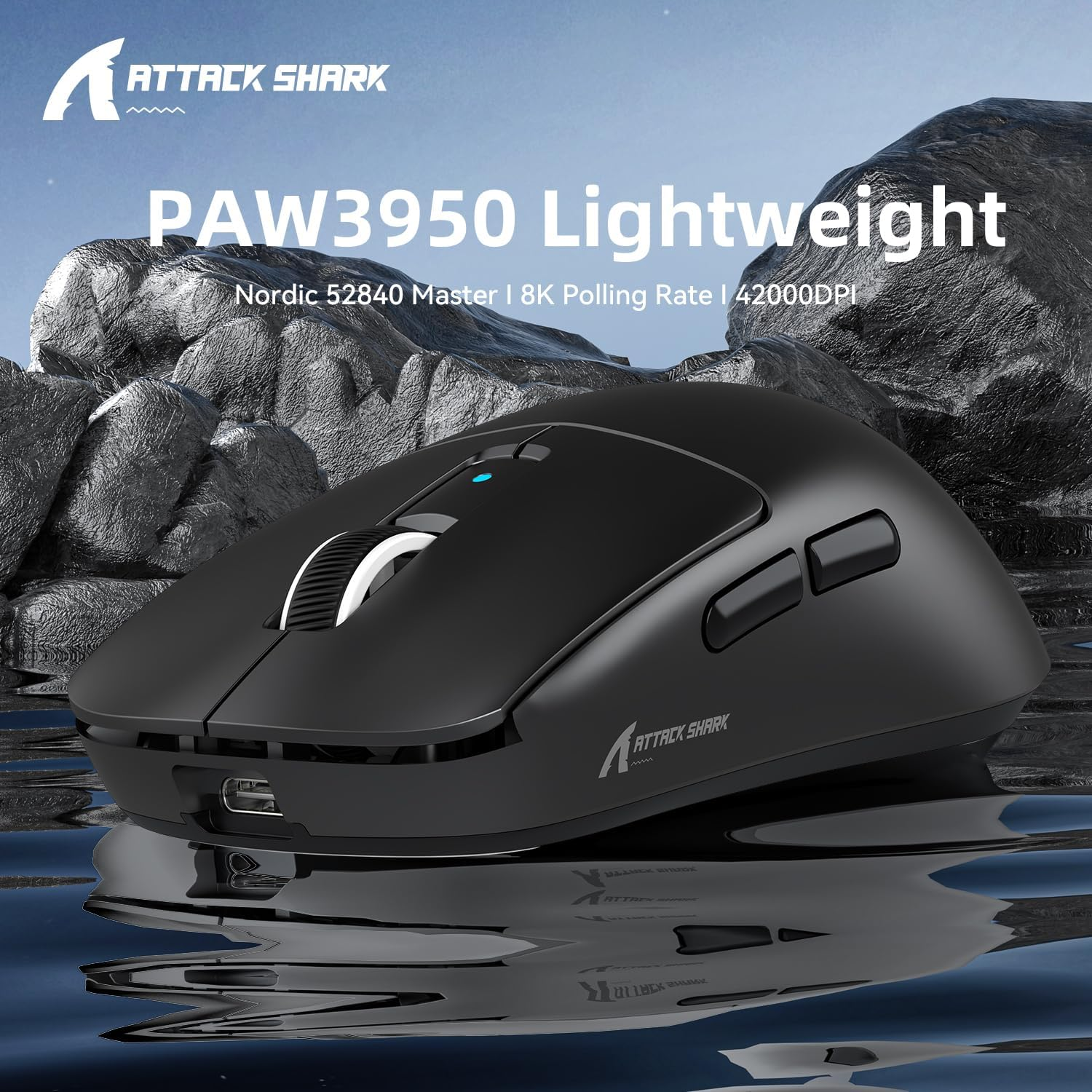 MAMBASNAKE X Attack Shark R6 Superlight Mouse, Pixart PAW3950MAX Gaming Sensor, Wireless 8K Mouse, MCU Nodic 52840, Bt/2.4G/Wired Gaming Mouse, Adjustable DPI 42000, for Win11/Xbox/Ps/Mac - Black image number 2