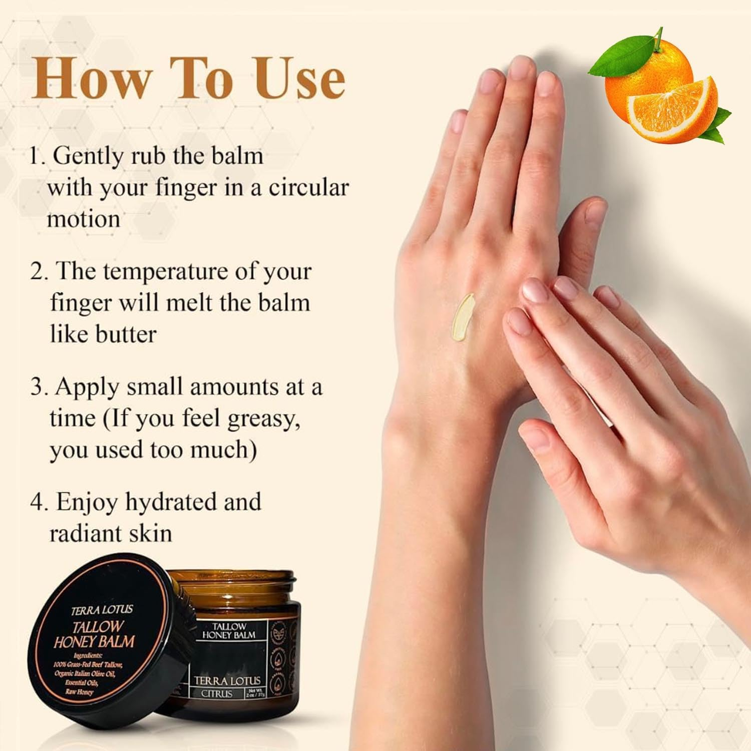 Eloix Tallow Honey Balm, Organic Grass-Fed Beef Tallow Balm with Raw Honey, Natural Body Moisturizer for Face & Body, Moisturizing Cream for Soft (Citrus) image number 1