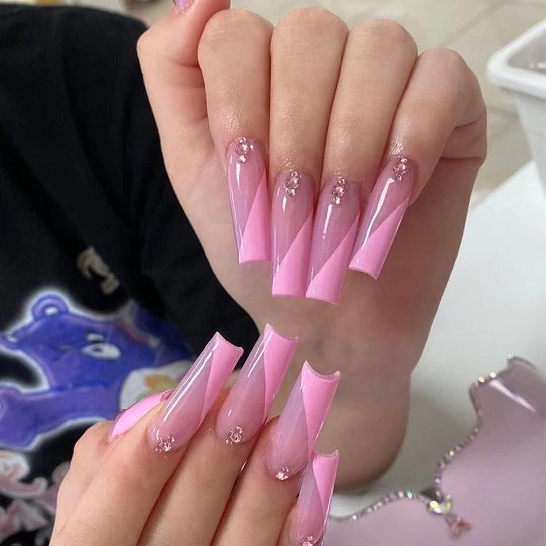 Rhinestone Press on Nails 24PCS Extra Long Pink Ballerina False Nails Full Cover Artificial Nails Tips for Women and Teen Girls image number 2