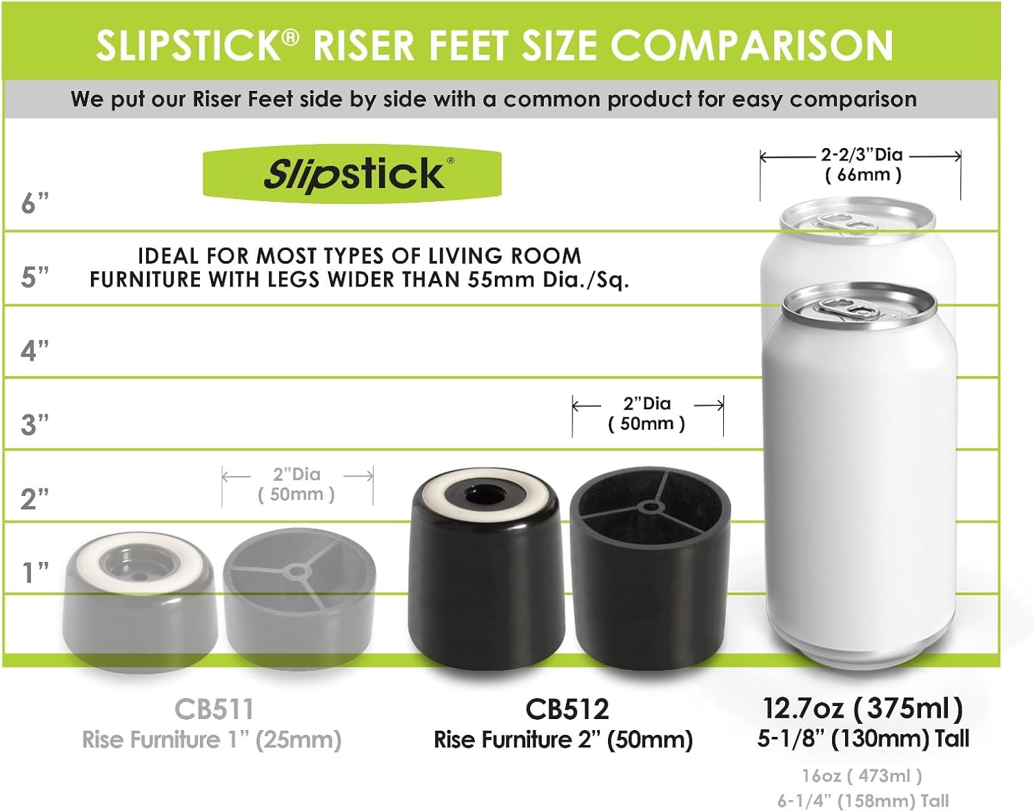 Slipstick CB512 2 Inch Tall Floor Protector Furniture Legs with Non Slip Rubber Grip (Set of 4) 2" Wide X 2" Height - Black Plastic image number 3