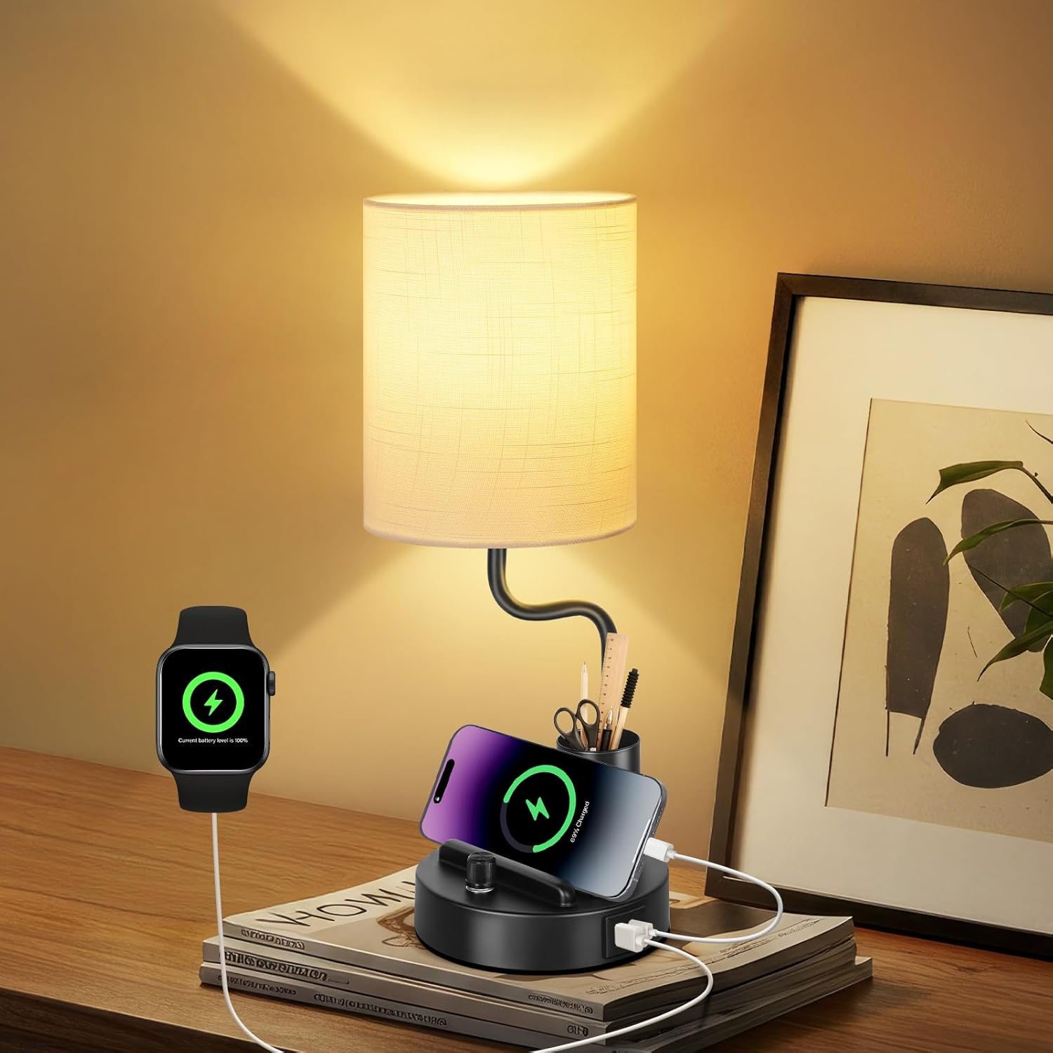 OUTON Bedside Table Lamps &ndash; Stepless Dimmable Nightstand Light with Linen Shade, USB-A & USB-C Ports, Phone Stand & Pen Holder, 2700K Warm LED Bulb Included, for Bedroom, Dorm, Office, Wood