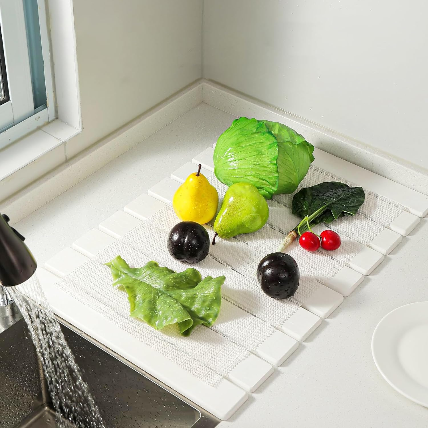 Stone Dish Drying Mats for Kitchen Counter & Sink, Large Quick Dry Collapsible Absorbent Diatomaceous Earth Dish Drying Mat for Dishes Bottles Cups Any Countertop (White-Oval, 60X39Cm) image number 3