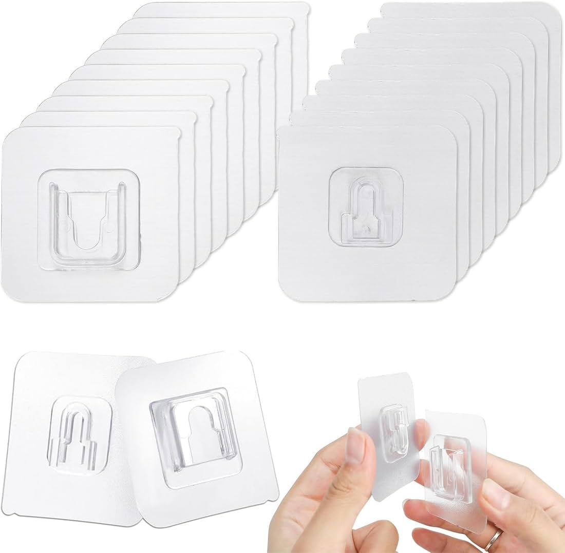 OIXEYA 10 Pairs of Magic Hooks, Adhesive Hooks, Transparent, Double-Sided, Multifunctional, Wall Mounting, No Drilling, Water and Oil Resistant, Removable, Suitable for Kitchen, Bathroom, Living Room image number 1