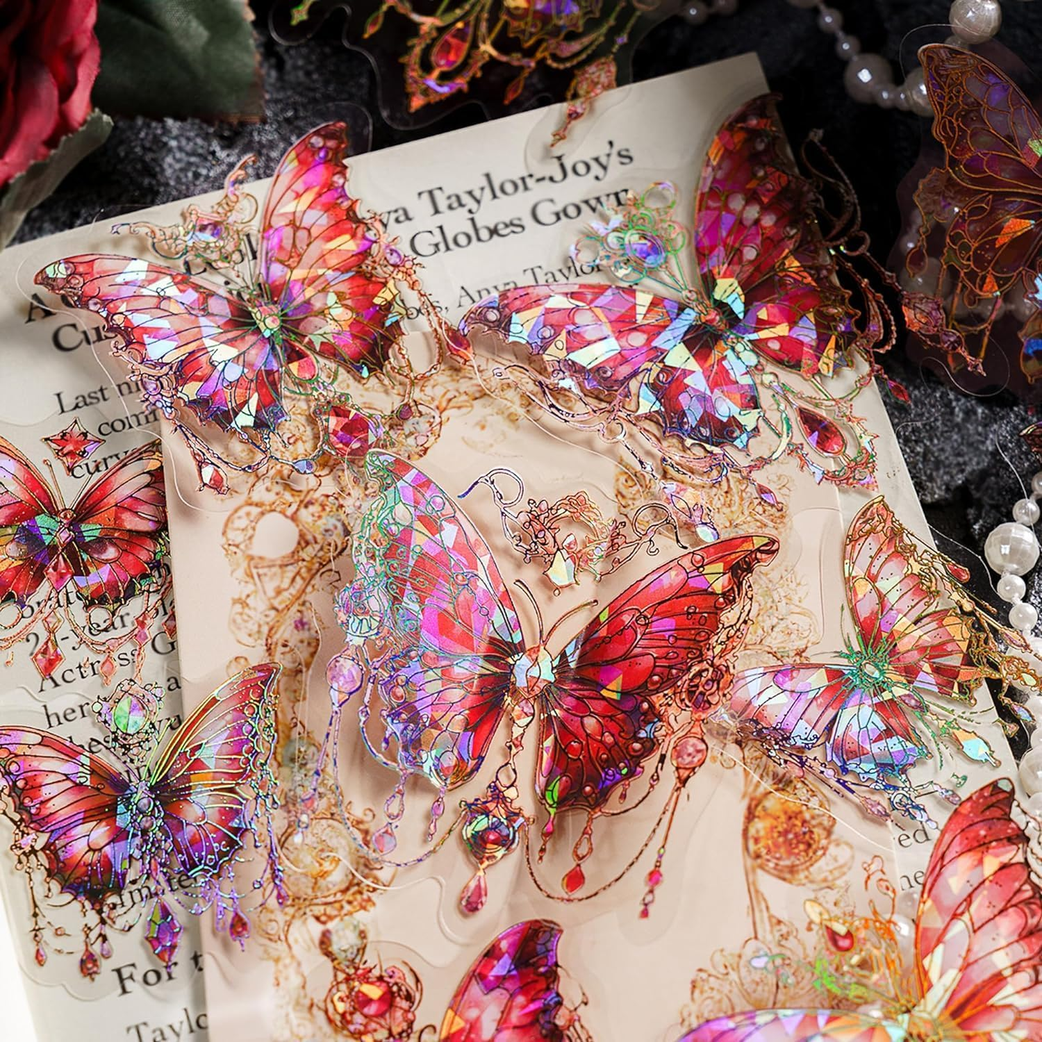 Butterfly Stickers Set - 120 Pcs Transparent Holographic Stickers for Scrapbooking, Resin Art, Junk Journals | Waterproof UV DTF Decals, Bullet Journal, Planner | Crystal, Fairy & Animal Themes image number 1