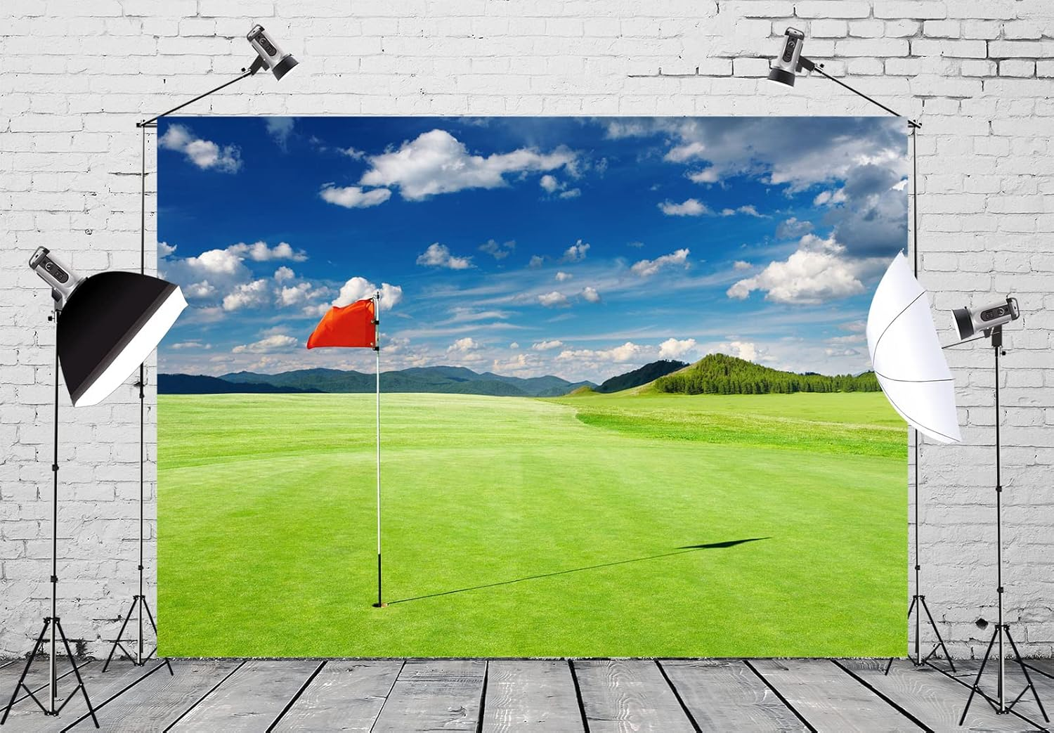 CORFOTO 10X8Ft Fabric Golf Course Backdrop Photography Golf Flag Green Mountain Forest Trees Grass Lawn Background Blue Sky Cloud Decorations Golf Sports Party Backdrop Photoshoot Studio Props