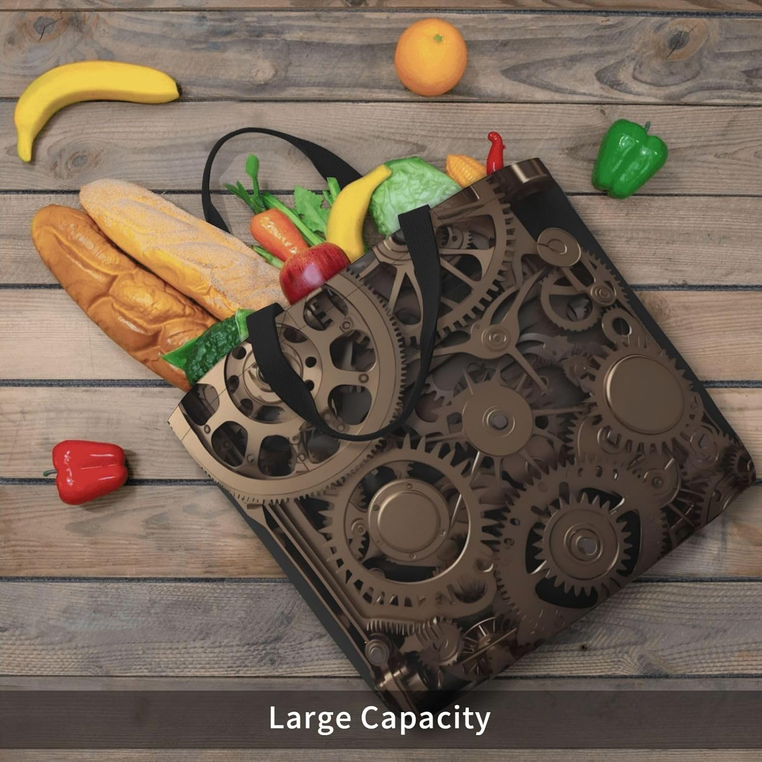 STVYUKL Steampunk Mechanical Gears Tote Bag for Women Casual Portable Shopping Handbags with Zipper Inner Pocket Reusable Waterproof Beach Grocery Bag for Shopping Travel Work, Black, One Size image number 6