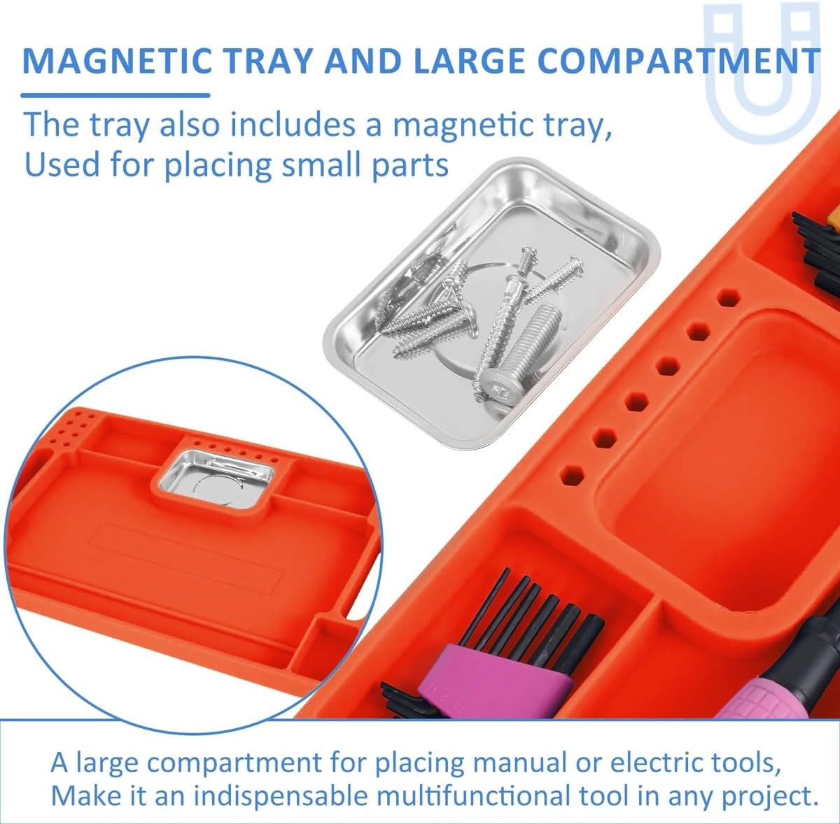 AIMALL Silicone Tool Tray with Stainless Steel Magnetic Tray, Orange, 14.17 X 9.05 Inches image number 2
