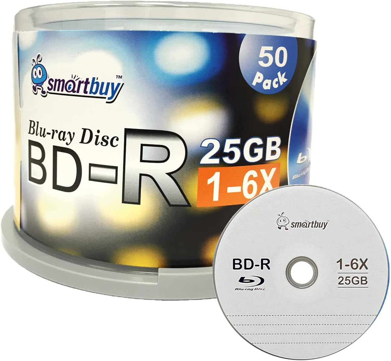 Smartbuy 50 Pack Bd-R 25Gb 6X Blu-Ray Single Layer Recordable Disc Logo Top Blank Data Video Media 50 Disc Spindle image number 2